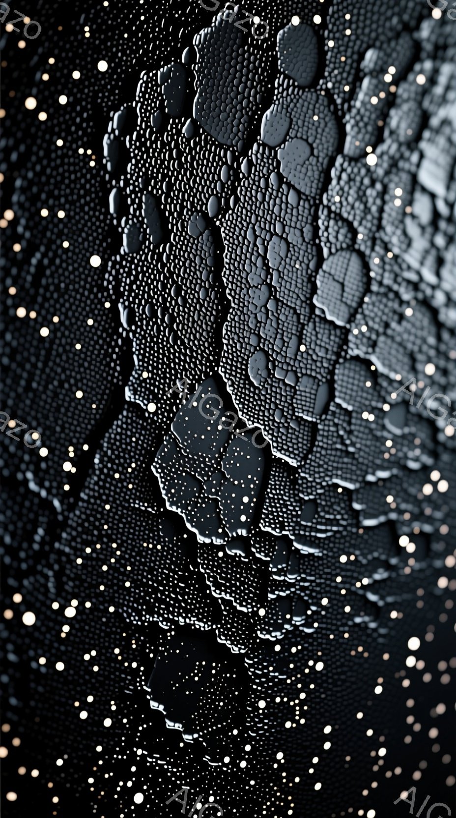 暗闇の中で、水滴が降り注ぐ黒い背景が捉えられています。水滴はまるで夜空の星のように輝き、その密集した様子は幻想的な雰囲気を醸し出しています。全体的に、神秘的で静謐なムードが漂う、抽象的なイメージです。