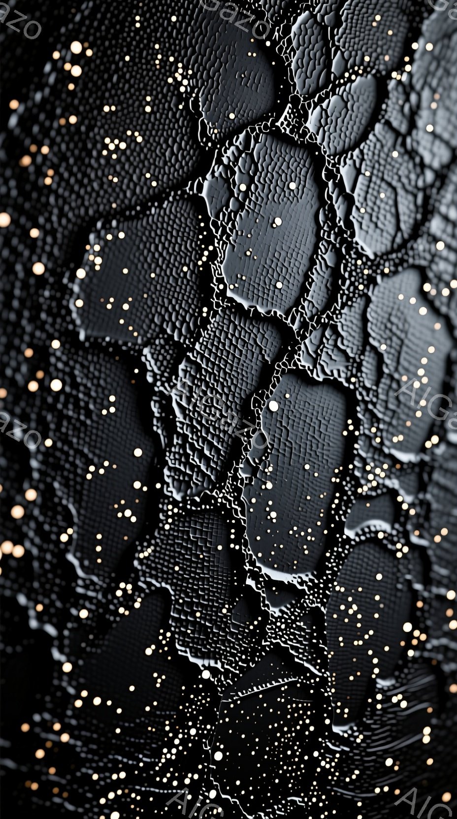 この画像は、暗闇の中で光る粒子に囲まれた、複雑な模様の黒いオブジェクトのクローズアップです。その模様は有機的で、断片化された岩やひび割れた土を連想させます。全体的に、神秘的で、異世界の雰囲気が漂っています。