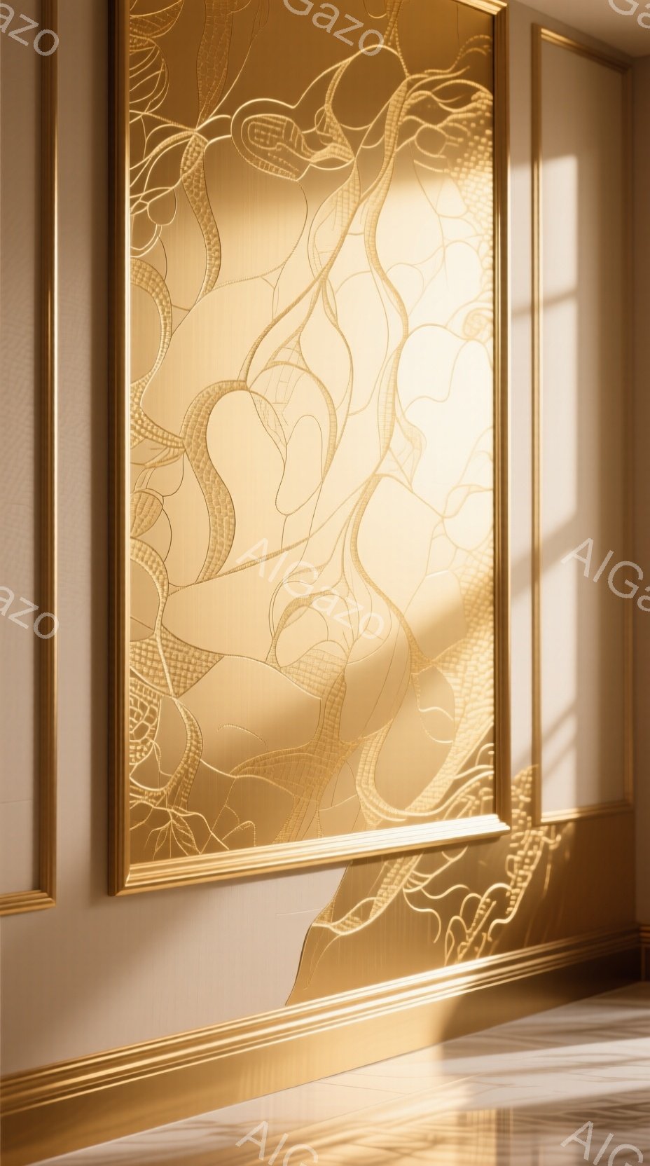 壁一面に飾られた金色の装飾が印象的な画像です。光沢のあるクリーム色の壁に、複雑な曲線と葉のような模様が描かれており、優雅で洗練された雰囲気を醸し出しています。床は光沢のある大理石で、全体的に暖色系の照明が施され、高級感と静けさを感じさせます。