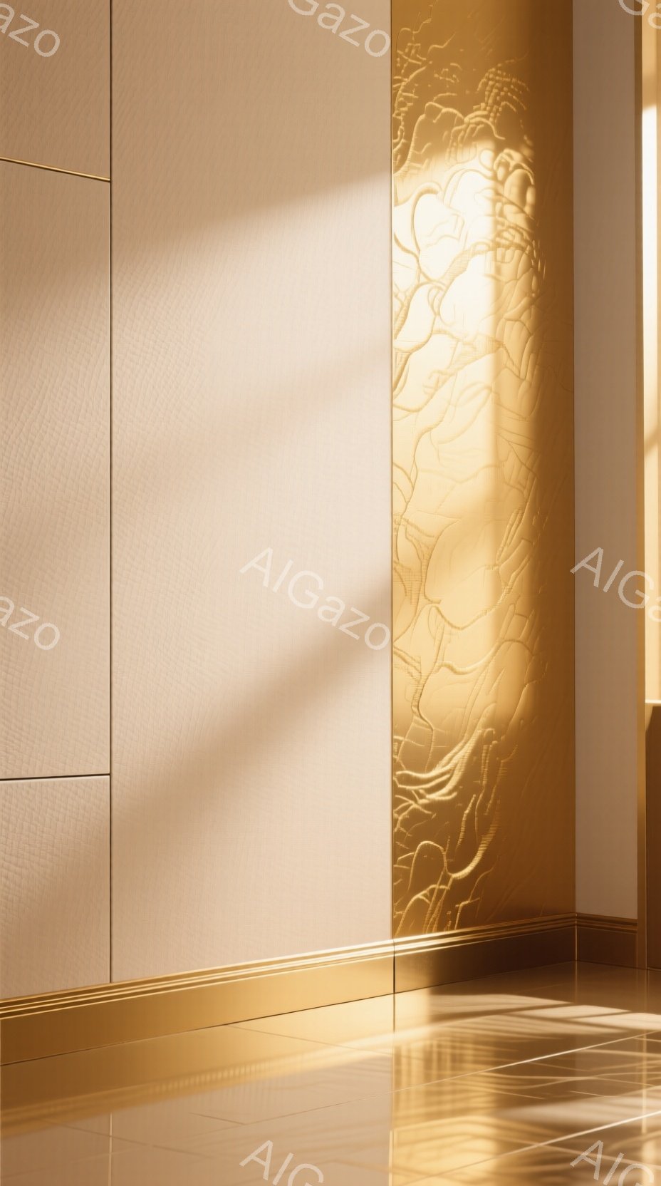 画像は、明るい室内の一部を捉えており、左側にはベージュ色のテクスチャード加工が施された壁、右側には金色の彫刻のような模様が浮かび上がる壁があります。床は光沢のある金色のタイルで覆われ、強い光が差し込み、壁に陰影を生み出しています。全体的に、豪華で洗練された雰囲気であり、彫刻の模様がモダンで芸術的な空間を演出しています。