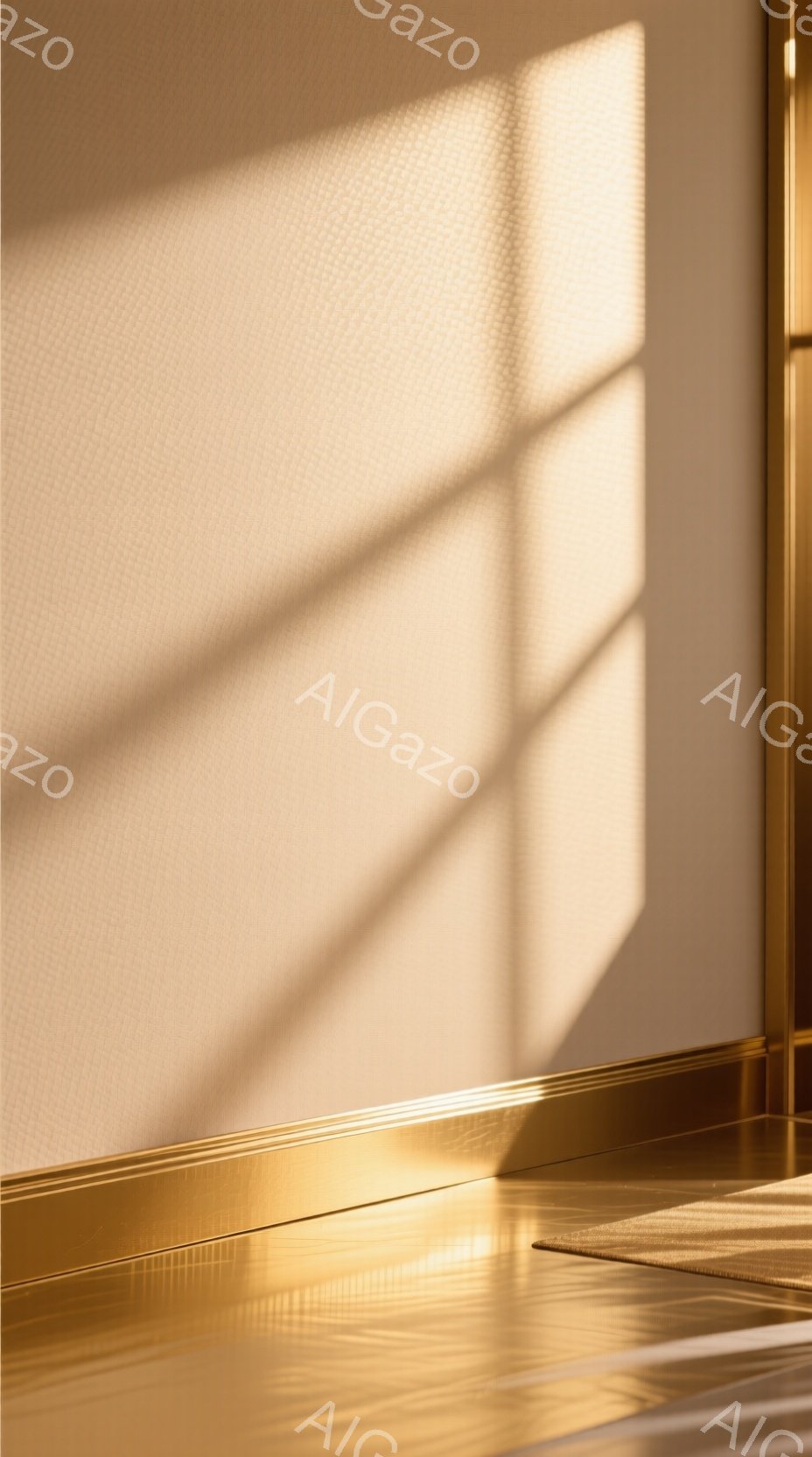 暖かい光が壁一面に差し込み、影が格子状に投影されている室内である。床は光沢のあるベージュ色で、壁と床の間に金色のモールディングが走り、上品な雰囲気を醸し出している。全体的に落ち着いた色調と光のコントラストが、静かで穏やかな空間を作り出している。