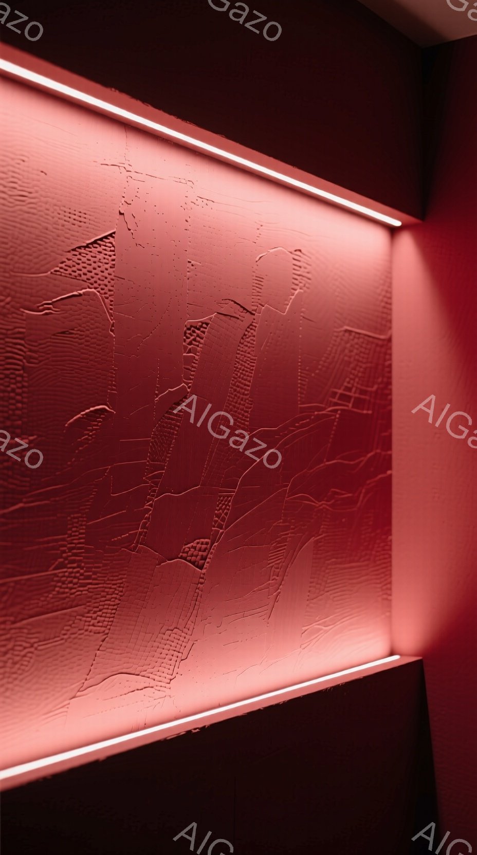 赤色の壁に、複雑な模様が施されたレリーフが浮かび上がっている。レリーフは抽象的な地形や都市景観を思わせる幾何学的な形状で構成され、壁面全体に奥行きと陰影を生み出している。上部と下部には細い白い光が配置され、レリーフを際立たせ、モダンで洗練された雰囲気を演出している。