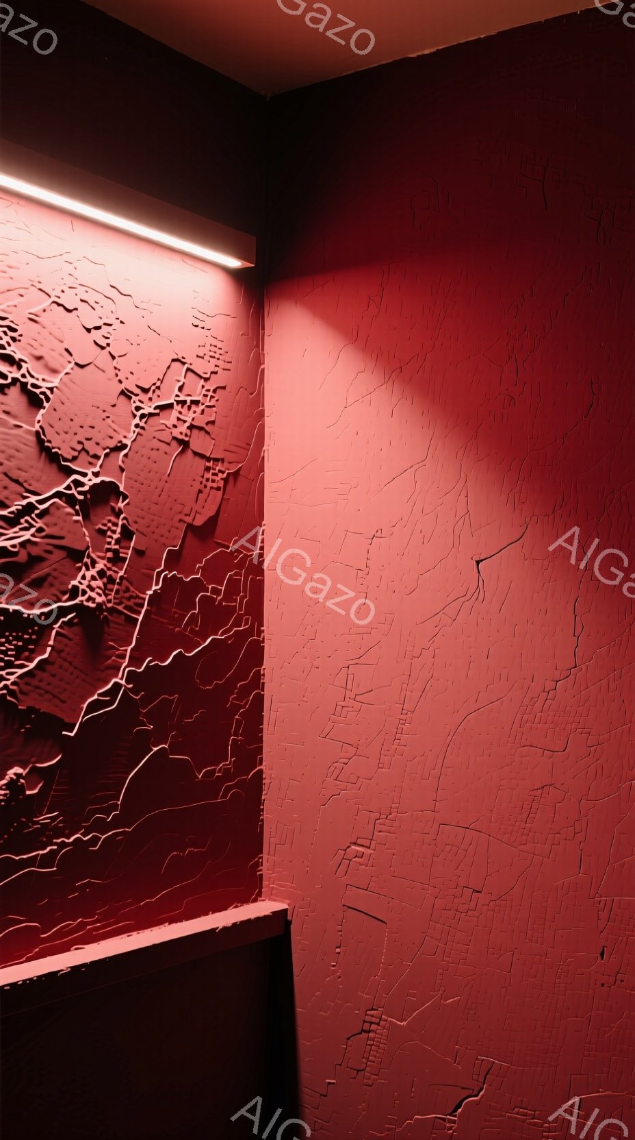 鮮やかな赤色の壁面が印象的な画像です。壁全体に都市の地図のような凹凸が施されており、まるで街並みが浮き彫りになっているかのようです。上部には細い照明が設置され、壁面のテクスチャを強調しています。