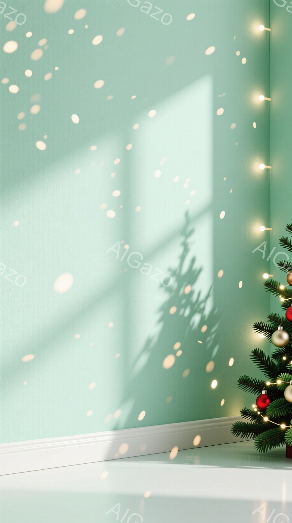 薄い緑色の壁に、クリスマスツリーの影が投影され、白い光の粒子が舞っている様子が描かれています。 壁の隅には白いモールディングがあり、右端には緑のクリスマスツリーの枝と赤いオーナメントが見えます。 全体的に、冬の暖かく幻想的な雰囲気が漂っています。