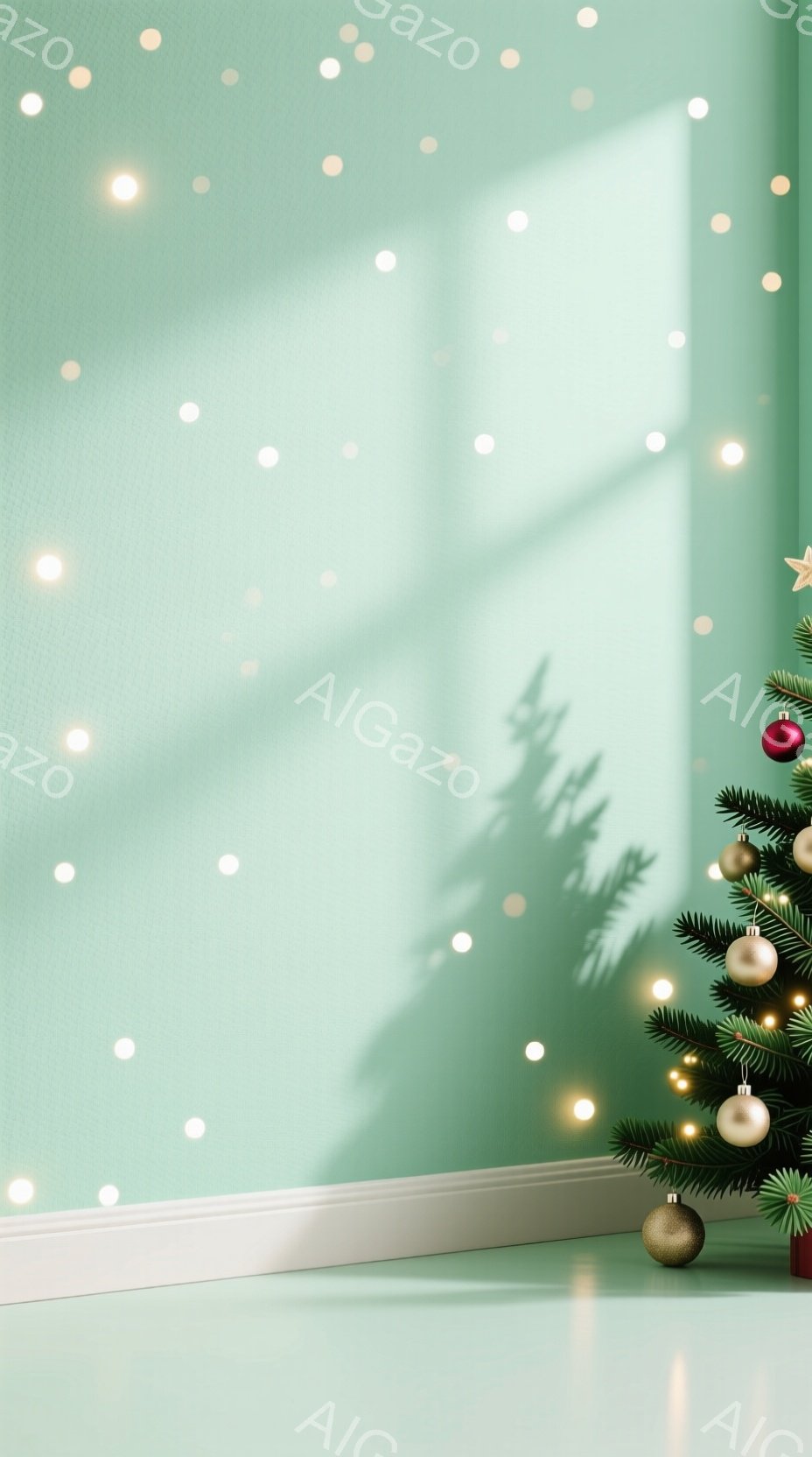 淡いミントグリーンの壁に、クリスマスの飾り付けが施されたクリスマスツリーの影が投影されています。壁には無数の光の粒子が散りばめられ、幻想的な雰囲気を醸し出しています。白い巾石と落ち着いた色彩が、静かで温かい祝祭の雰囲気を伝えます。