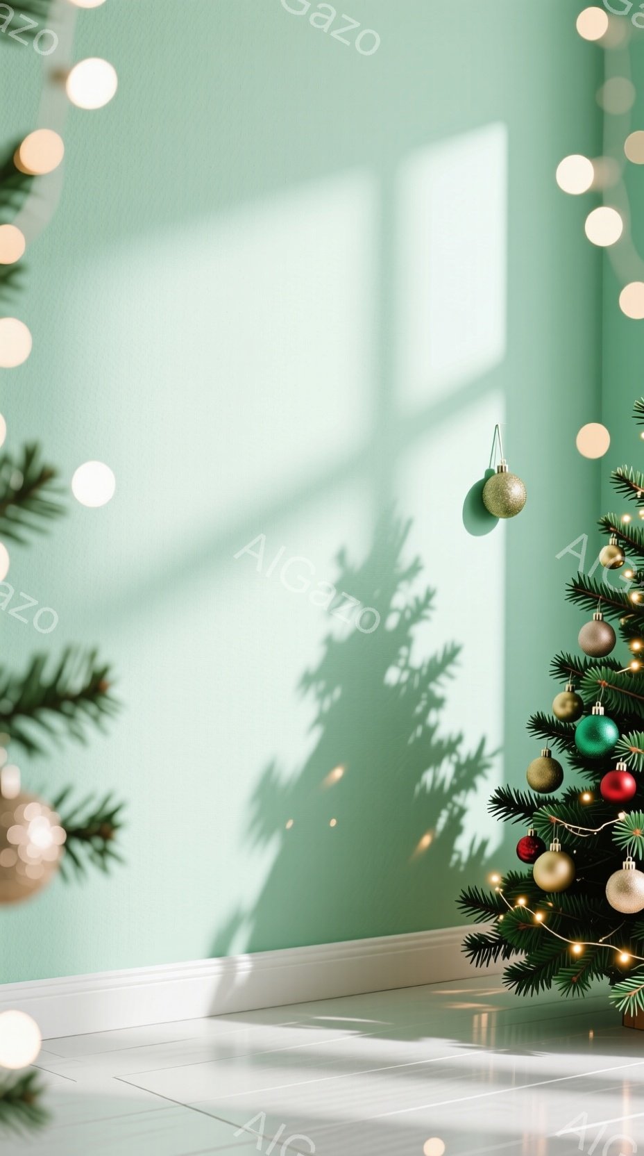 薄いミントグリーンの壁を背景に、クリスマスツリーの一部が写っています。ツリーには、ゴールドとレッドのオーナメントが飾られており、光が優しく反射しています。床は白タイルで、壁にはツリーの影と、小さな光の玉が散りばめられており、穏やかで温かい雰囲気を醸し出しています。