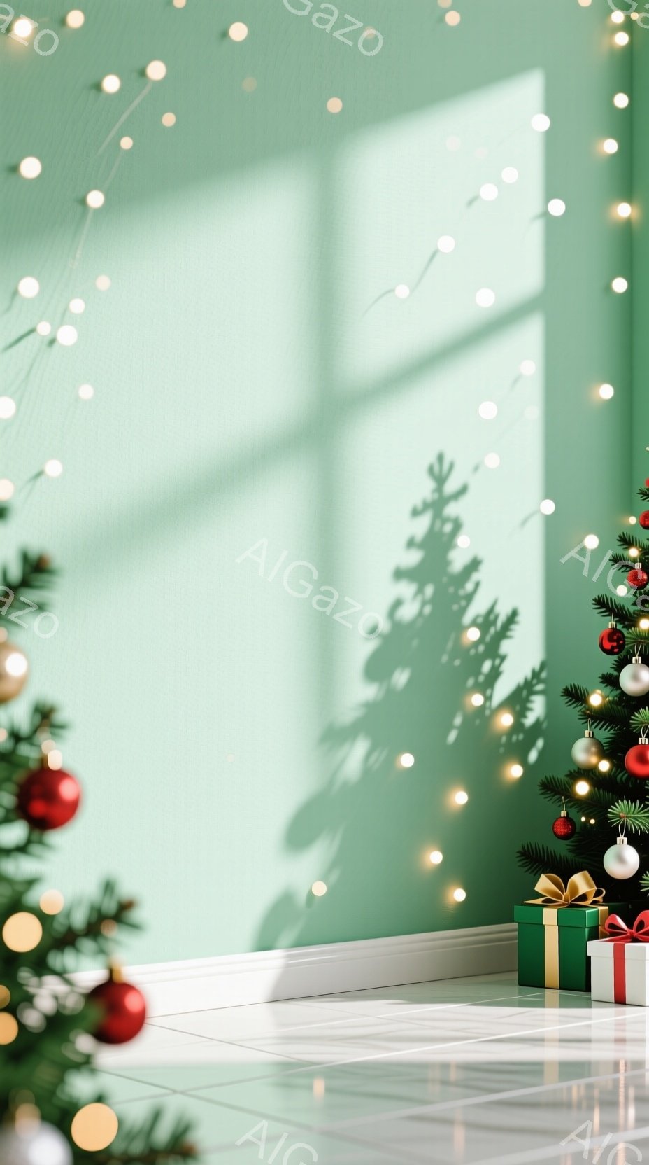 明るい緑色の壁にクリスマスツリーの影が映り、華やかなクリスマスの雰囲気が漂う部屋です。床は白く光沢があり、ツリーの下には緑と金色の包装紙でラッピングされたプレゼントが置かれています。ツリーは赤いオーナメントや金色の飾りで飾られ、壁には暖かい光のガーランドが飾られています。