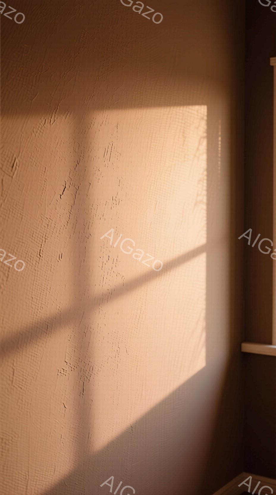 柔らかいピンク色の壁に、太陽光が差し込み、影が独特の模様を描いています。壁の質感は粗く、光と影がその凹凸を強調し、静かで穏やかな雰囲気を醸し出しています。部屋の隅にわずかに見える暗い部分は、コントラストを際立たせ、より奥行きのある印象を与えています。