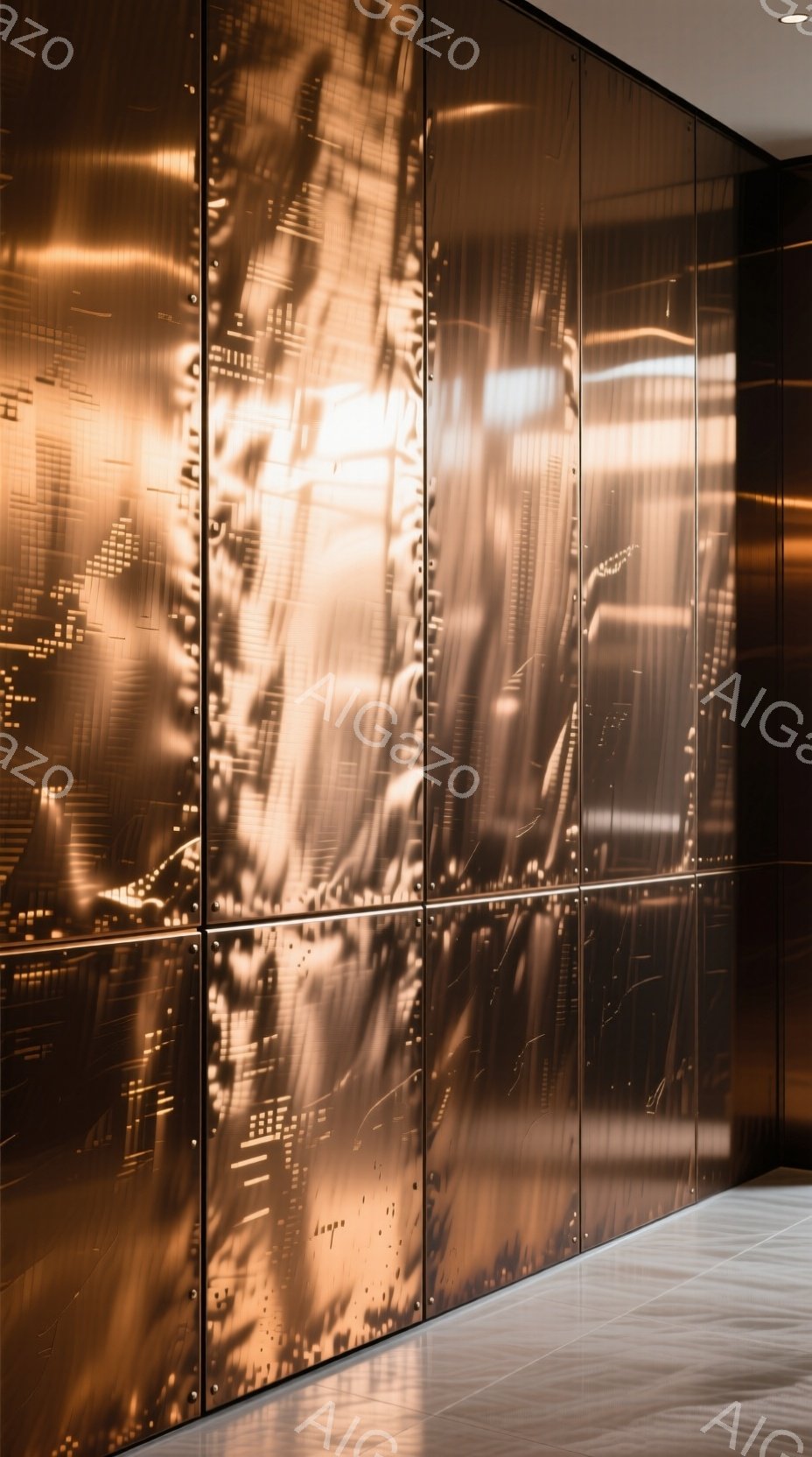 銅色の壁面には、人影がぼんやりと映り込み、そのシルエットから、人が歩いている様子や、何かの活動をしている様子が伺える。壁面の材質は光を反射し、壁の凹凸と光の加減で影が強調され、幻想的な雰囲気を醸し出している。床は明るいグレーのタイルで、壁面の銅色とのコントラストが印象的だ。