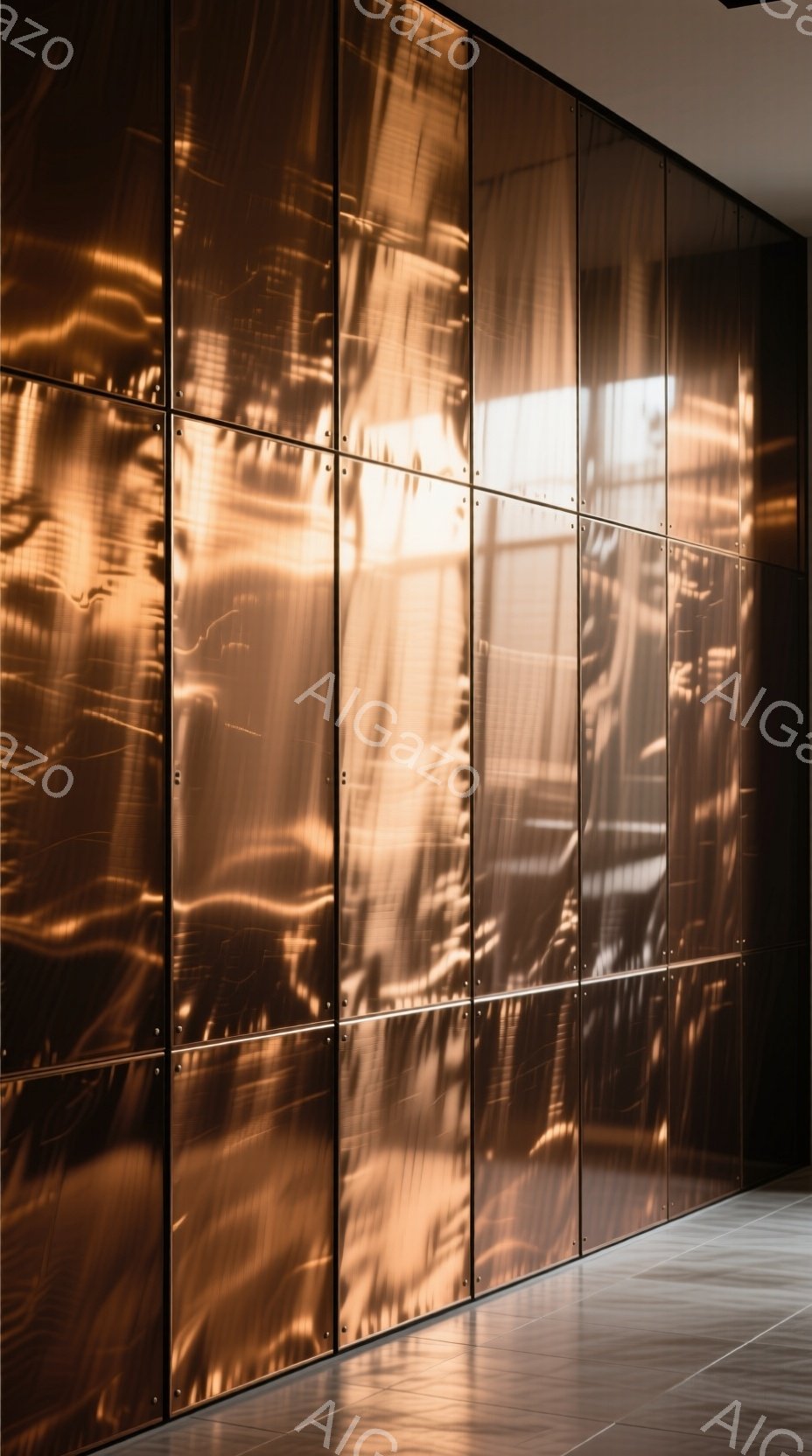 鮮やかな銅色の金属板が壁一面に並び、独特の質感と光沢を放っている。金属板の表面には、光の反射による陰影が複雑に絡み合い、抽象的な模様を作り出している。床はグレーのタイルで覆われ、金属の壁とのコントラストが印象的で、モダンで洗練された雰囲気を醸し出している。