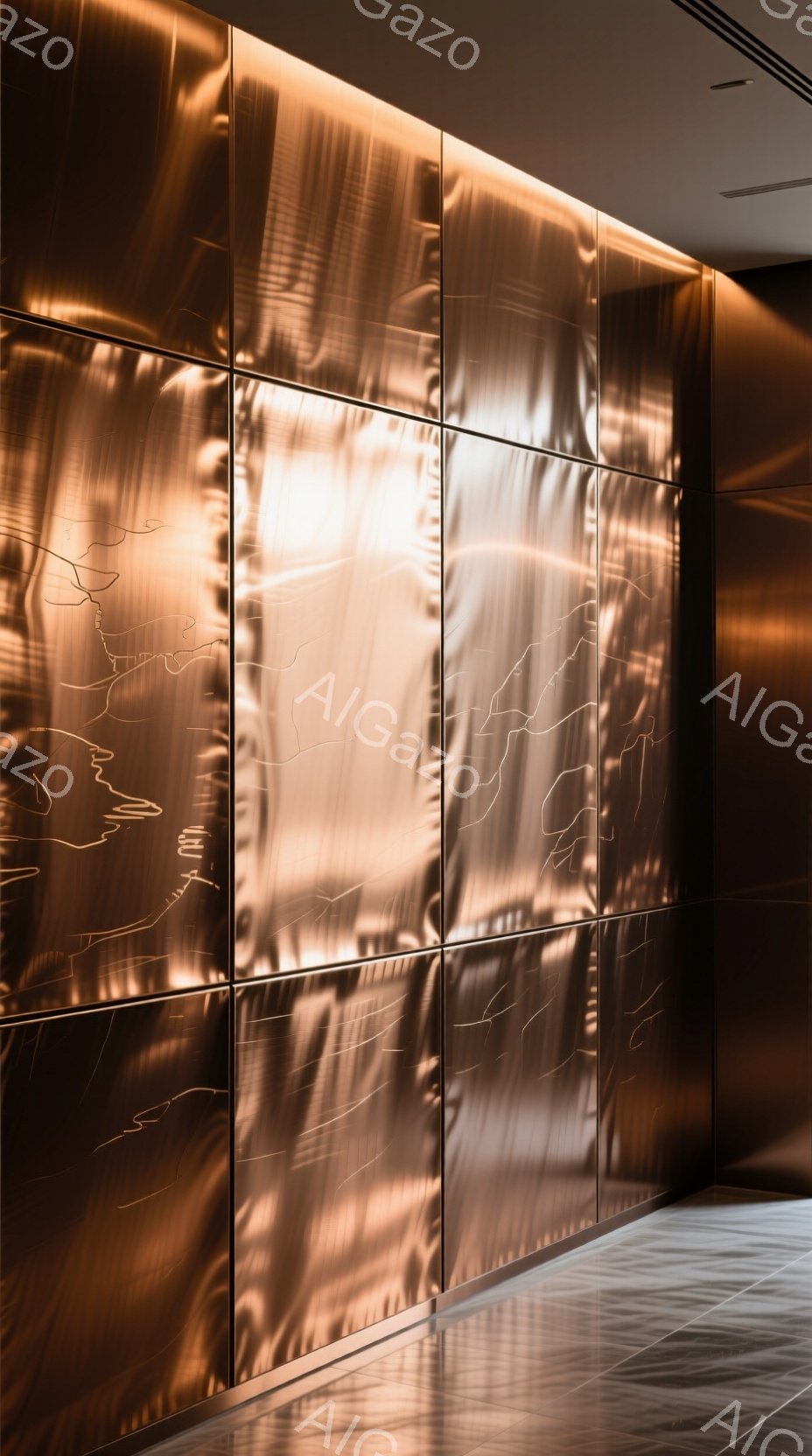 画像は、テクスチャード加工された銅色の壁面で、その表面に人影のようなシルエットが投影されています。光の反射と影のコントラストが、壁面に独特の奥行きと動きを与え、暖かく神秘的な雰囲気を醸し出しています。床は光沢のあるタイルで、壁面の光沢と調和し、洗練された空間を作り出しています。