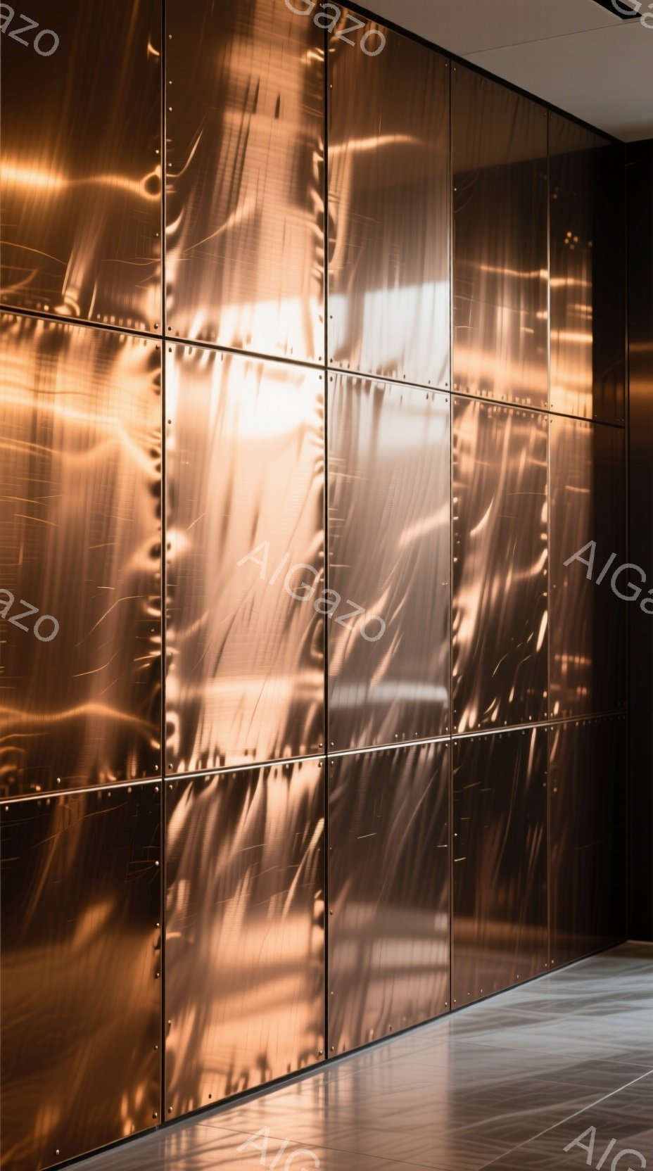 錆びた金属板で覆われた壁が写真全体を占めており、表面には光の反射による歪みと不規則な模様が見られる。床は磨かれた黒いタイルで、壁の金属的な質感と対照をなしている。全体的に、モダンで産業的な雰囲気があり、壁のテクスチャが視覚的な興味を引いている。