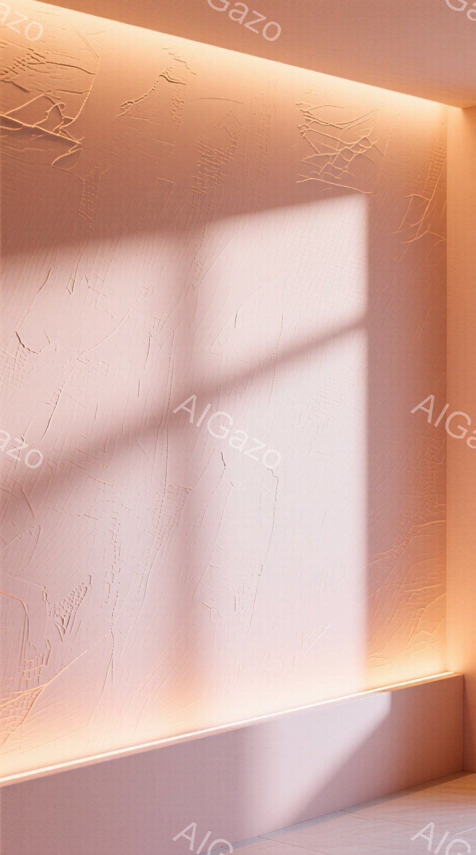 柔らかいピンク色の壁面に、強い光の条が斜めに差し込み、まるでステンドグラスのような模様を浮かび上がらせています。壁はわずかにテクスチャがあり、光と影が複雑に絡み合い、温かみのある雰囲気を作り出しています。ミニマルな構成で、光の美しさを際立たせた室内空間の一部のようです。