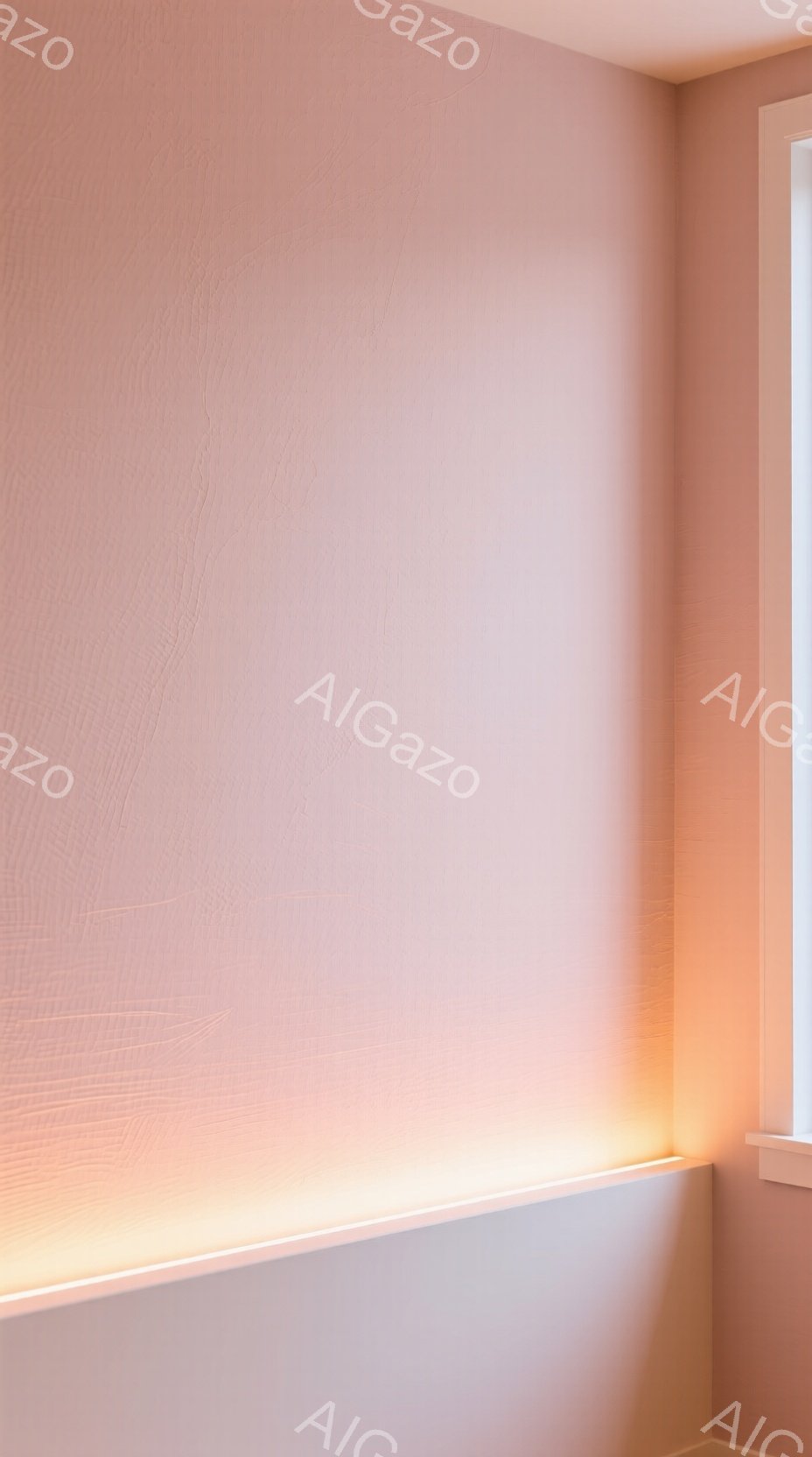画像は、薄いピンク色の壁面を捉えており、下部にオレンジ色の間接照明が設置されています。壁面にはわずかなテクスチャが見られ、柔らかく落ち着いた雰囲気を醸し出しています。窓枠の一部が右端にわずかに映っており、室内の様子であることがわかります。