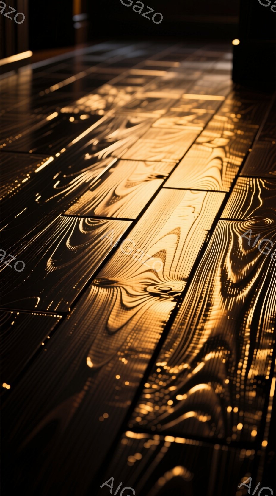 この画像は、床に反射した光の美しい模様を捉えたものです。暖色系の光が木製の床板に複雑な波紋を描き、まるで流れる水のような幻想的な光景を作り出しています。光と影のコントラストが印象的で、静かで穏やかな雰囲気が漂います。