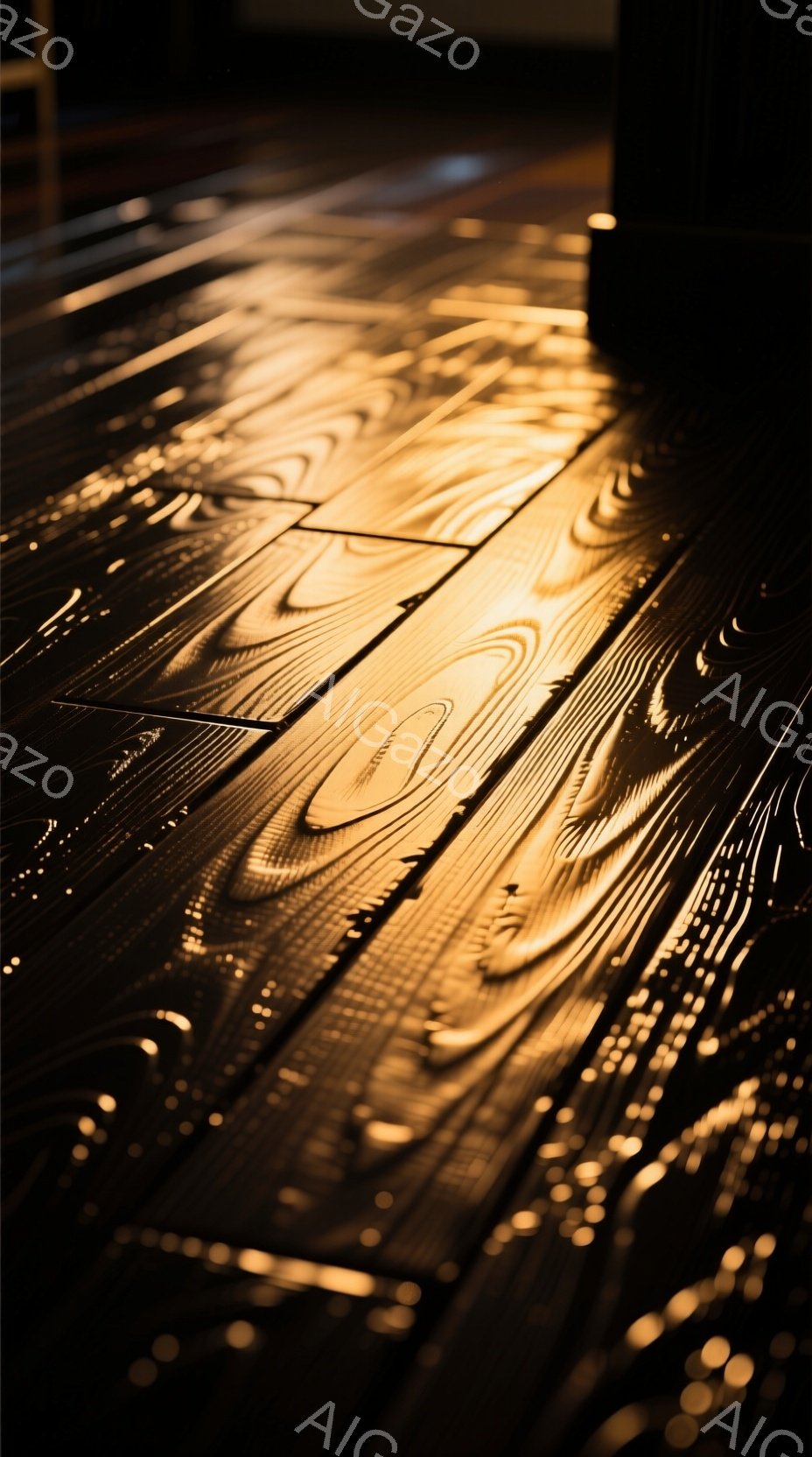 暖かく光沢のある木製の床が、印象的な角度から捉えられています。光の反射と木目の模様が複雑に絡み合い、奥行きと立体感を強調しています。このアングルからは人物や背景は確認できませんが、全体的に落ち着いた、温かみのある雰囲気を感じさせます。