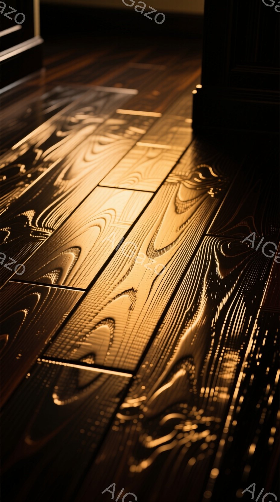 この画像は、独特の波模様が浮かび上がった漆塗りの床板を捉えたクローズアップ写真です。深みのある茶色と光の反射が、滑らかで有機的な質感を強調し、落ち着いた高級感を醸し出しています。全体的に暖色系の照明が使用され、静かで瞑想的な雰囲気を演出しています。