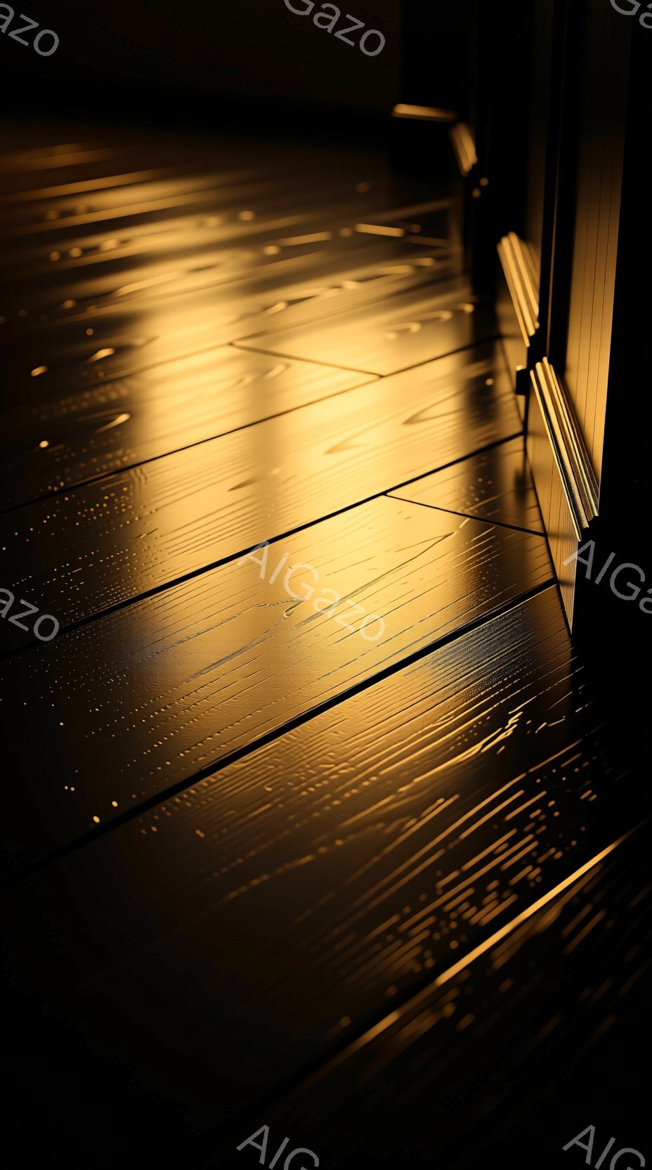 深い茶色のフローリングが、強い光によって照らされ、表面に美しい光のラインが浮かび上がっている。床の質感と光の反射が強調され、高級感と落ち着いた雰囲気を醸し出している。画面右端には影と光のコントラストが際立つ壁の一部が見え、空間の奥行きを感じさせる。