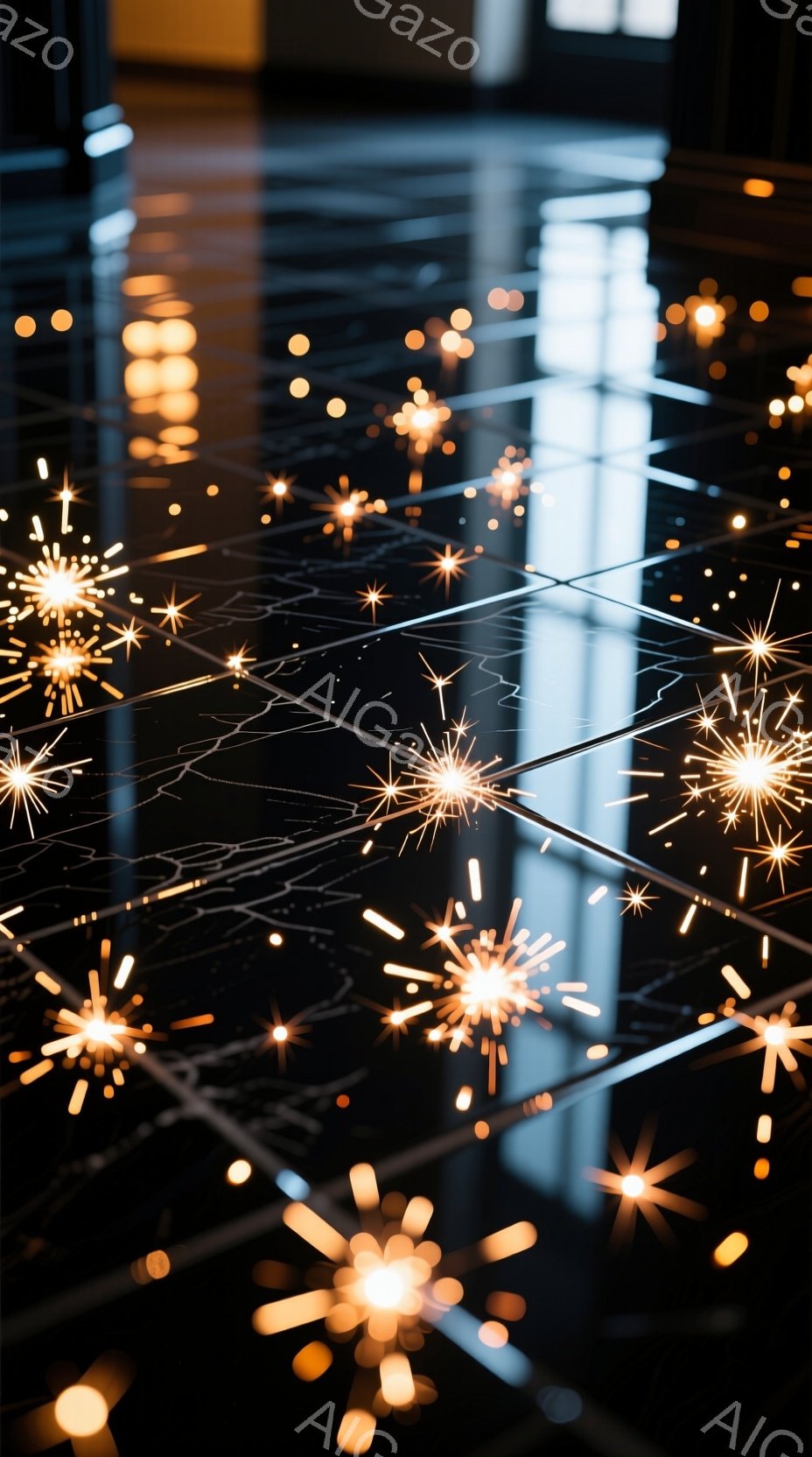 画像は暗い空間で、床に反射する光の粒子が散りばめられた様子を捉えている。光の粒子は星屑のように輝き、まるで夜空を見下ろしているかのような幻想的な雰囲気を醸し出している。床の黒い鏡面が光を反射し、無数の光点が空間全体に広がっている。