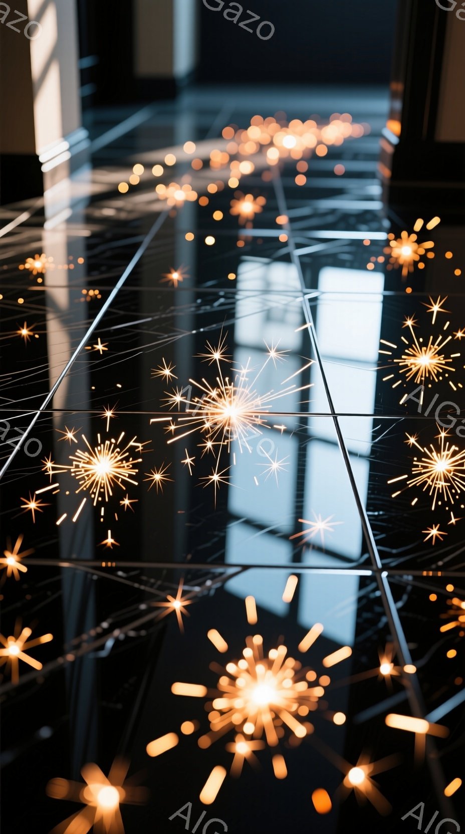 画像は、暗い背景に無数の光の粒子が散りばめられた抽象的な表現です。光はまるで花火のように輝き、滑らかな床面で反射して幻想的な雰囲気を醸し出しています。全体的に、夜空に咲き散る花火や、星屑を連想させる神秘的なイメージです。