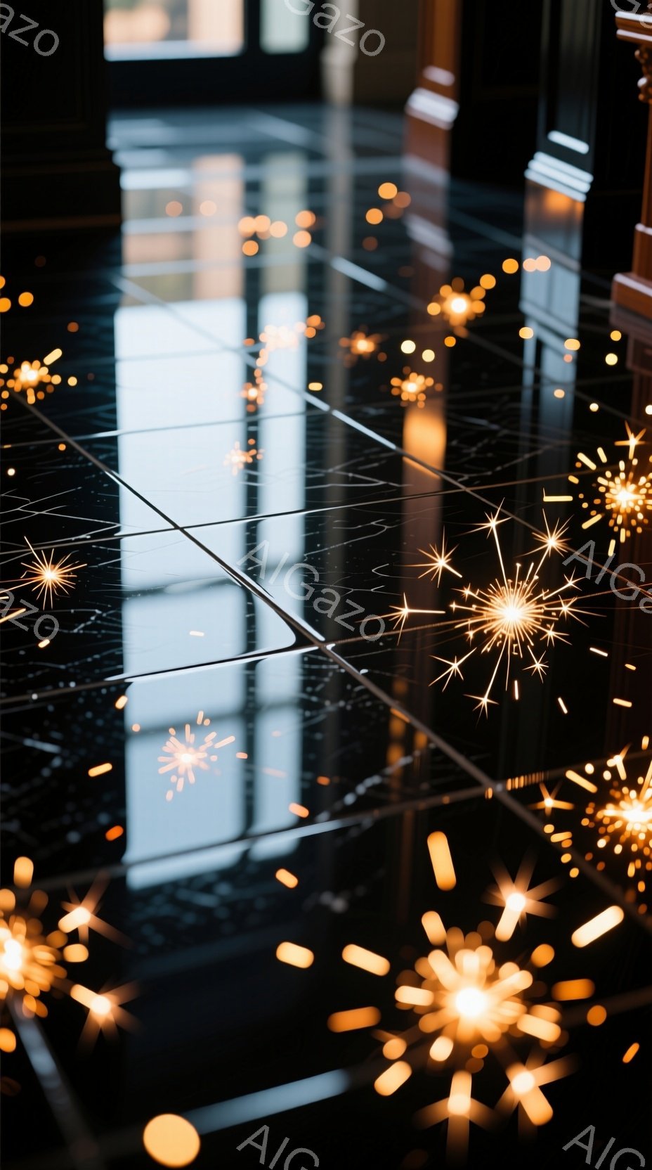 画像は、磨き上げられた黒い床が、まるで鏡のように無数の光の粒子を反射している様子を捉えています。光の粒子はまるで星屑のように散りばめられ、その輝きが床面を幻想的に彩っています。背景には、ぼんやりとした光の筋が見え、部屋の奥行きを感じさせます。