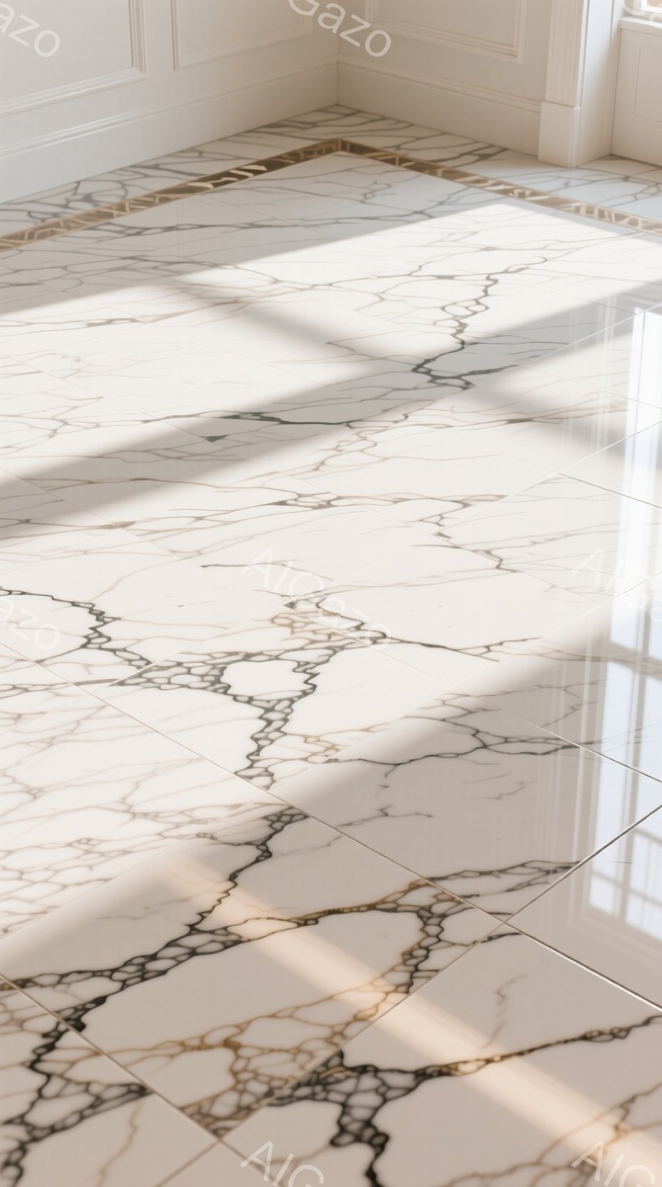 白い大理石の床が広がり、金色の模様が複雑に走り、豪華で落ち着いた雰囲気を醸し出しています。太陽光が差し込み、床に影を作り出し、空間に奥行きを与えています。全体的に洗練された印象で、高級感あふれるインテリアデザインの一部であると考えられます。