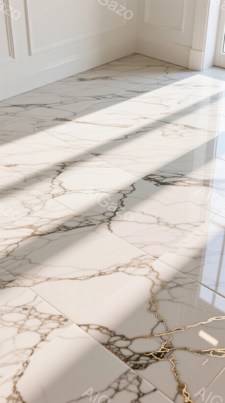 白大理石のタイルで覆われた床に、金色のチェーンが不規則に置かれている様子が写っている。陽光が窓から差し込み、床に影を作り出し、豪華で落ち着いた雰囲気を醸し出している。この空間は、高級感があり、洗練されたインテリアデザインが施されていることを暗示している。