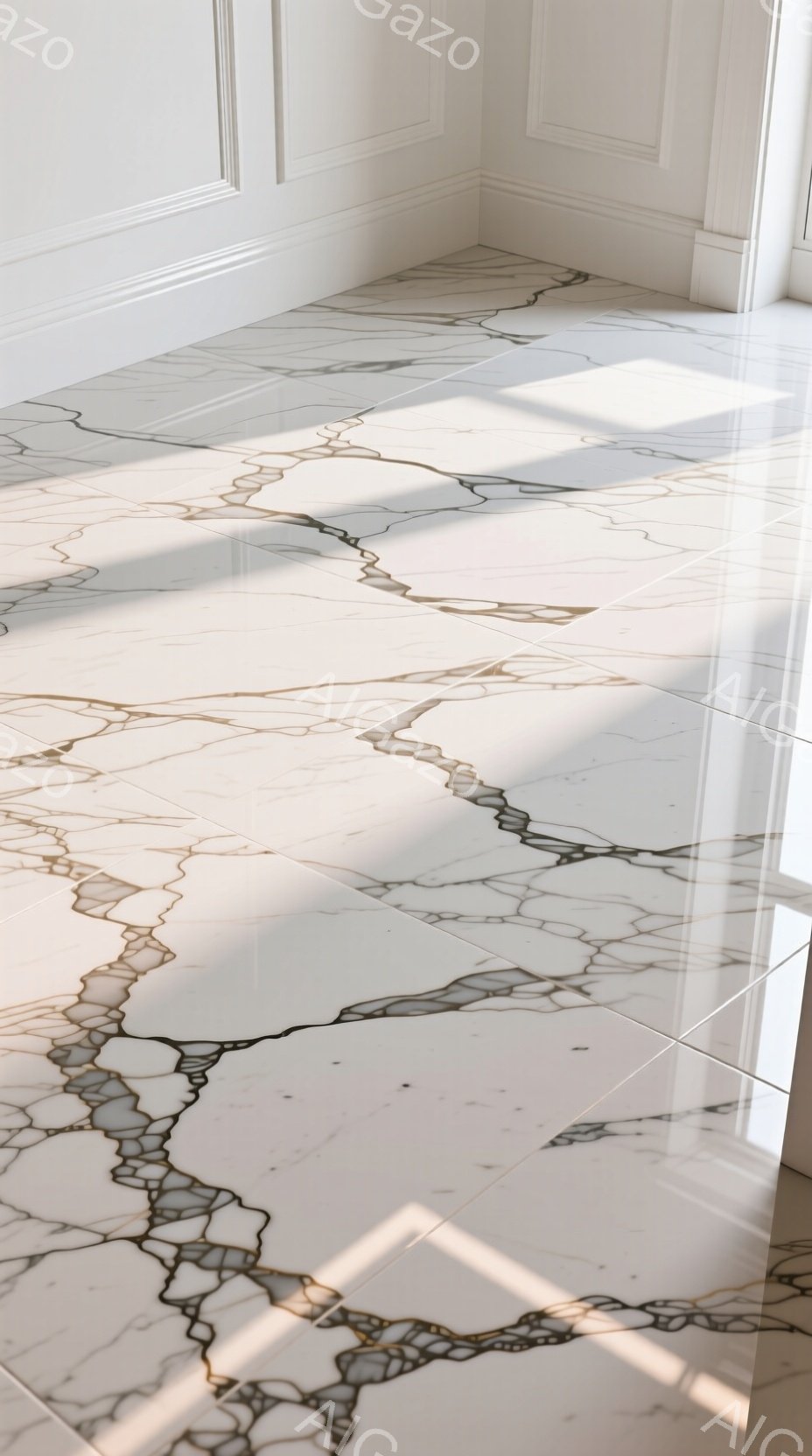 白を基調とした大理石の床が広がり、金色の線状の模様が複雑に絡み合って美しい模様を作り出しています。床面には影が落ち、立体感が強調され、モダンで洗練された空間を演出しています。床の端には白い壁の一部が見え、部屋の一角を捉えた構図となっています。