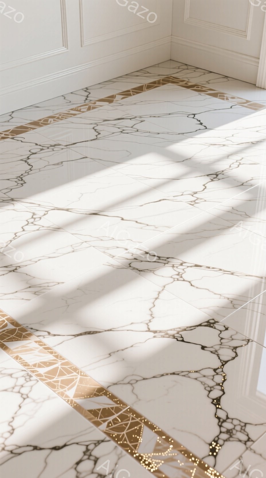 白い大理石の床に、金色の幾何学模様の線が描かれています。光が差し込み、床に影が落ちており、高級感と静けさがあります。床の素材感と光のコントラストが印象的で、洗練された空間を演出しています。