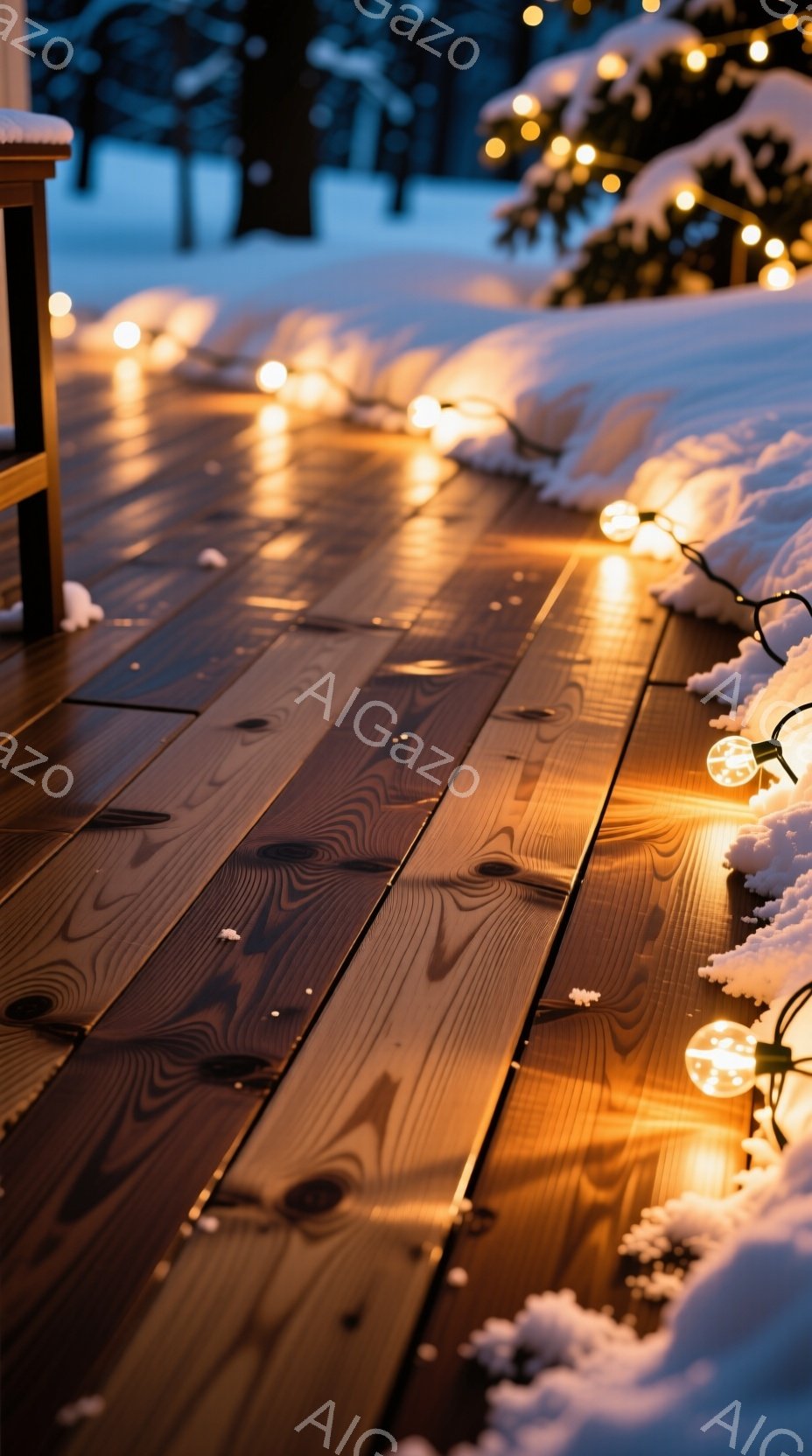 凍てつく雪の上に木製のデッキが広がり、温かい光を放つ電飾が散りばめられています。雪はデッキの一部を覆い、冬の静寂と暖かさのコントラストを描き出しています。背景には暗い木々が見え、夜の静けさの中で電飾が穏やかな光を添えています。
