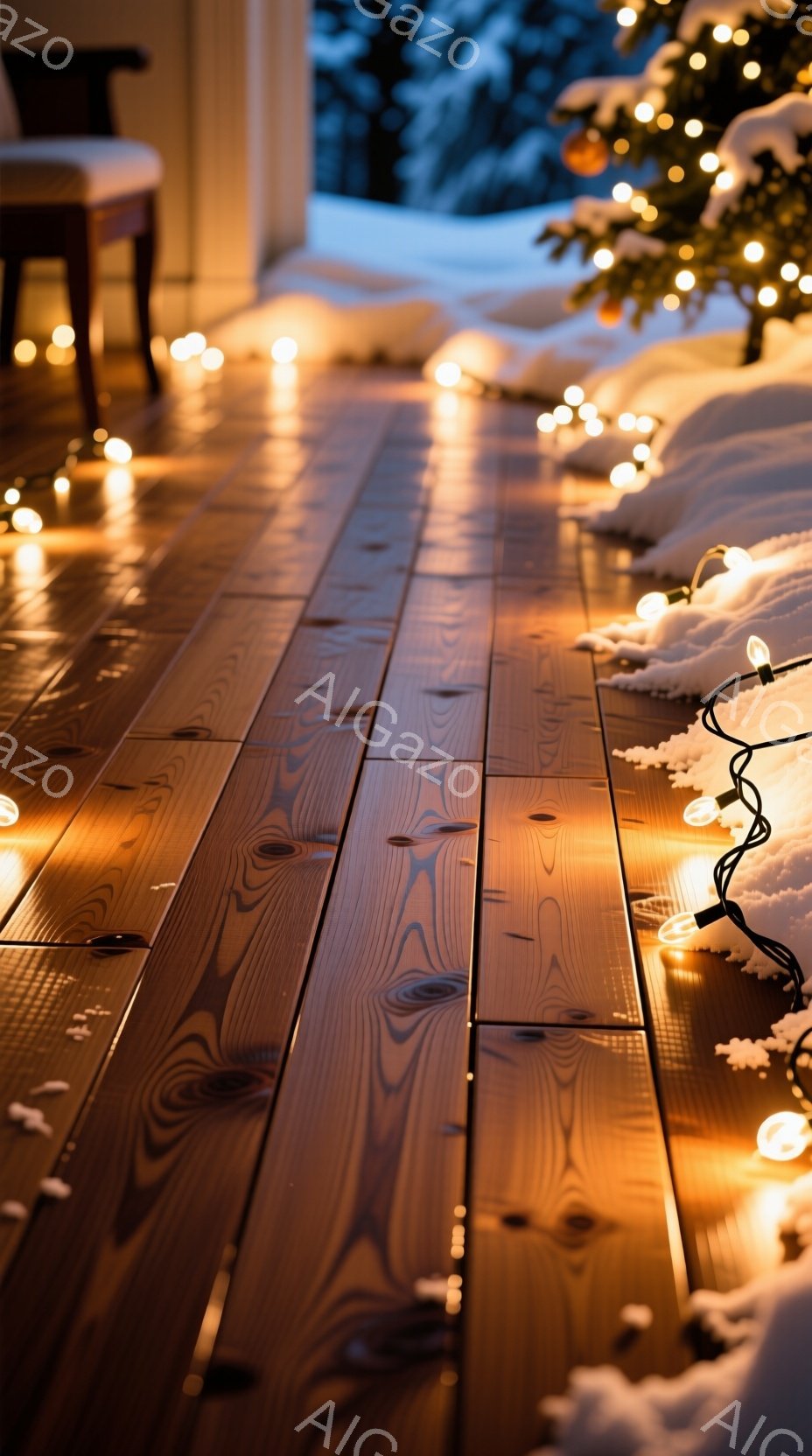 暖炉から伸びる木製の床に、クリスマスツリーの光が温かく差し込んでいる様子が捉えられている。窓の外は雪景色で、冬の静寂と安らぎを感じさせる。光の粒子が舞い、幻想的で穏やかな雰囲気を醸し出している。