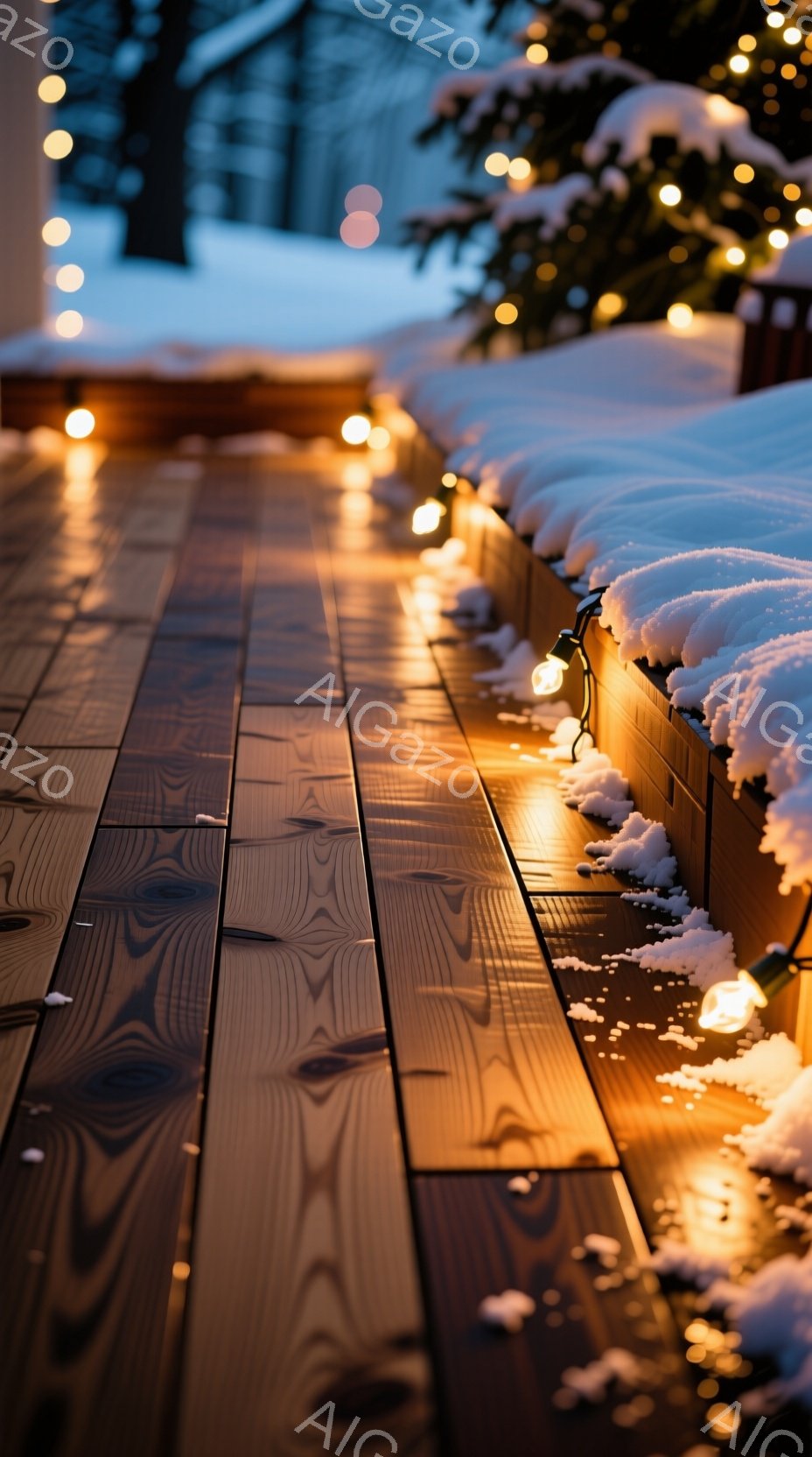 雪が積もった木のデッキが写っており、暖かい光のストリングライトが沿って設置されている。ライトは雪の上にわずかに散らばり、冬の静かで穏やかな雰囲気を醸し出している。背景には、雪に覆われた木々やぼんやりとした建物が見え、寒さを感じさせる美しい景色である。