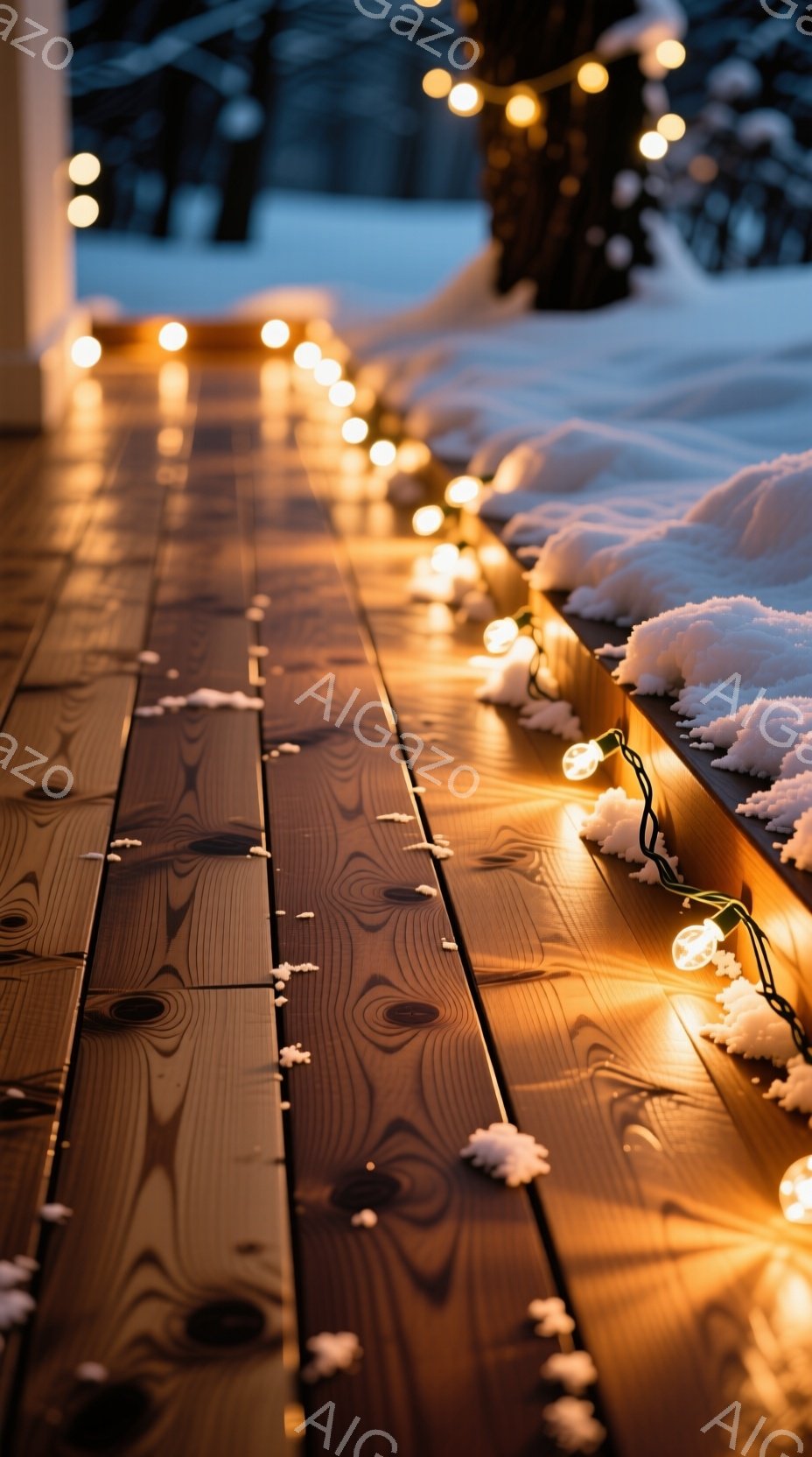 深い色の木製デッキが雪に覆われ、温かい光を放つ電飾がデッキの縁に沿って並んでいる。雪はデッキの一部に散らばっており、冬の静かで穏やかな雰囲気を醸し出している。背景には白い雪景色が広がり、暖色の光が寒々しい冬の風景に温かさを添えている。