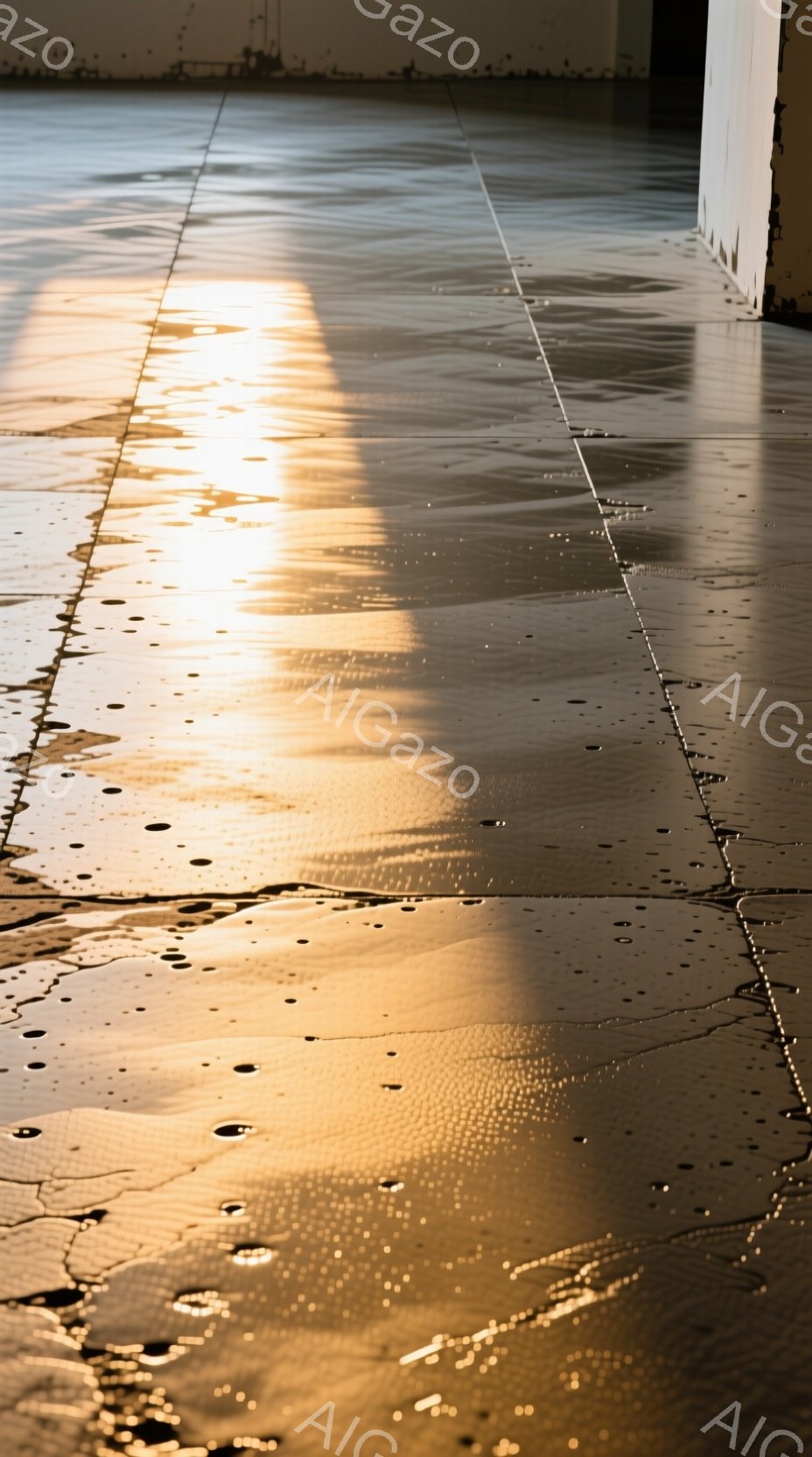 水を湛えたタイルの床が、夕日のような暖かい光に照らされている。タイルの隙間には水が溜まり、光を反射して不規則な模様を作り出している。背景は白い壁の一部で、全体的に静かで穏やかな雰囲気を醸し出している。