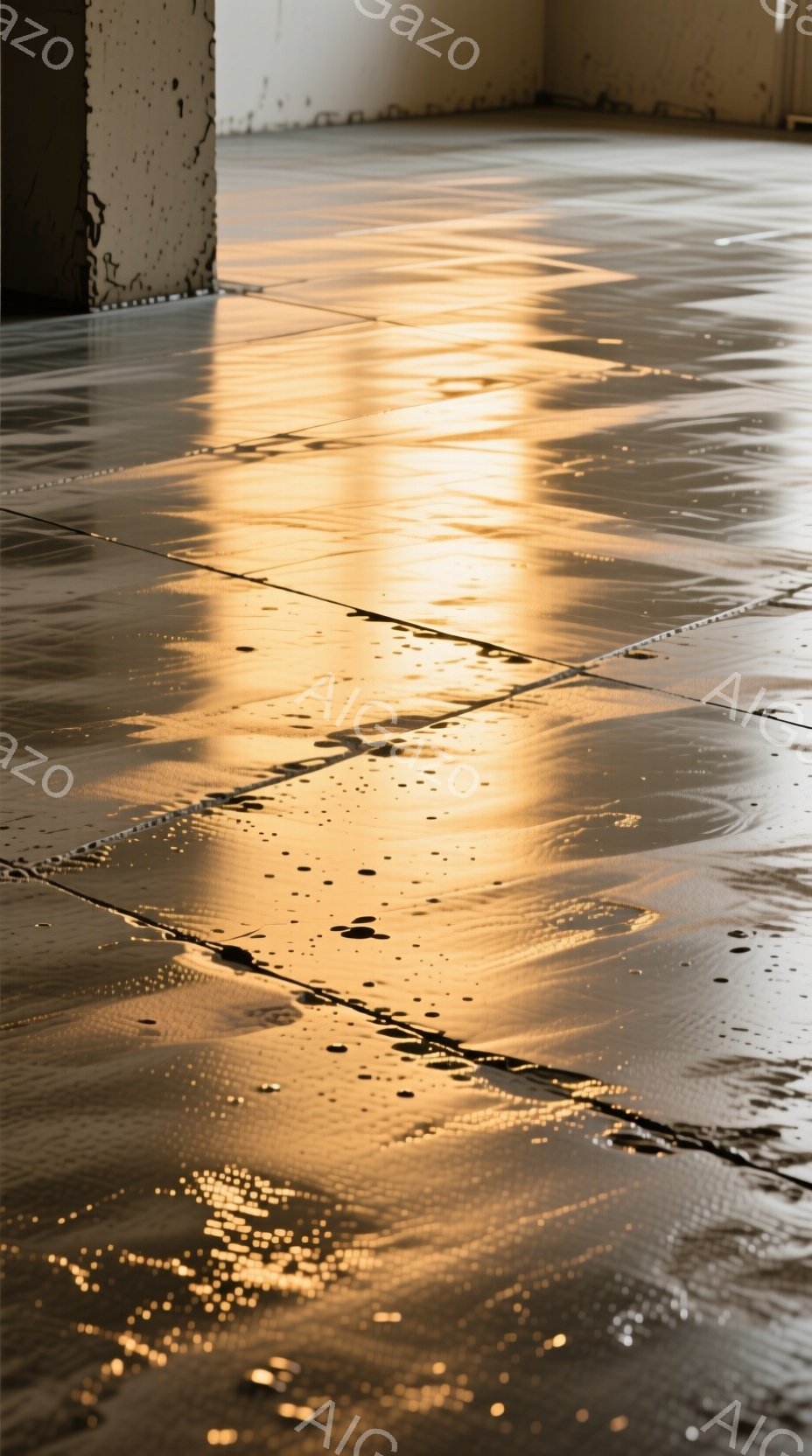 湿ったタイルの床面に、夕焼けのようなオレンジ色の光が反射し、抽象的な模様を作り出している。床の奥には、コンクリート製の柱がわずかに見えるが、それ以外は空っぽで広々とした空間が広がっている。全体的に寂寥感と静寂感が漂い、時間の経過を感じさせる。