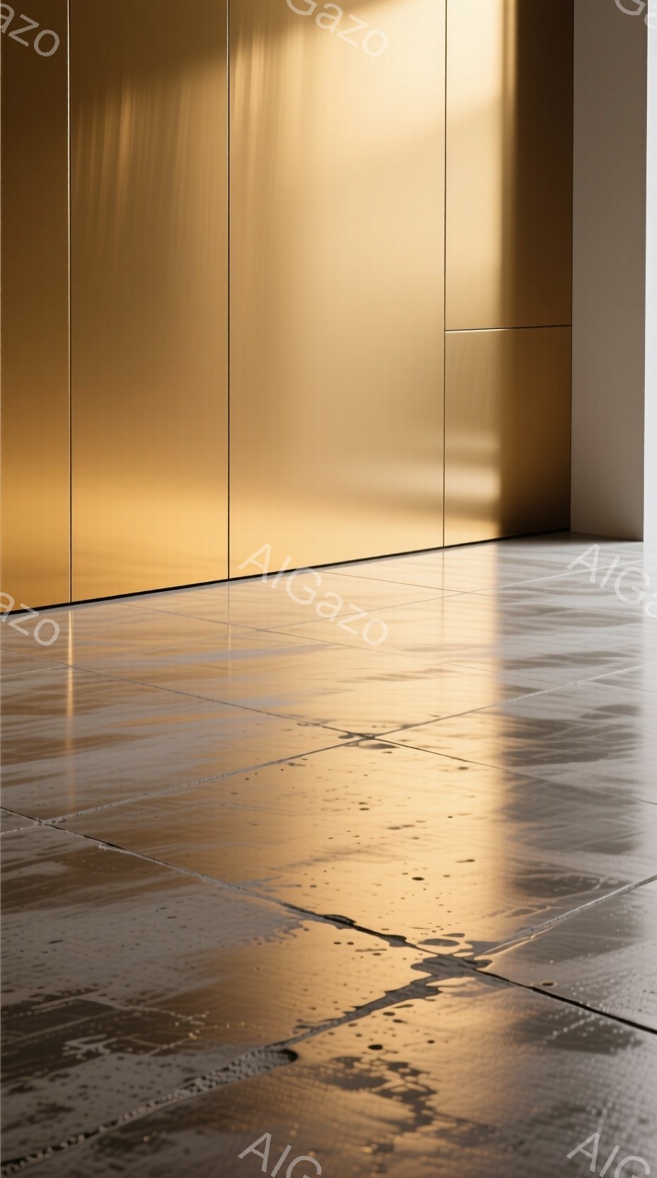 磨かれたタイル張りの床面に、壁面の金色光沢のある反射が映り込んでいる様子が捉えられている。光の当たり方から、壁面は金属製のパネルで構成されていると推測され、その光沢が床面に独特の模様を作り出している。全体的にモダンでミニマルな雰囲気が漂い、静けさと洗練された印象を与えている。
