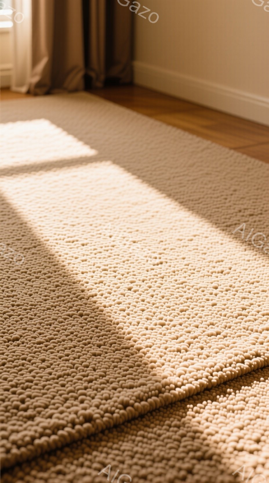 柔らかいベージュ色のテクスチャードラグが、明るい木製の床に敷かれている様子が写っている。窓から差し込む光がラグの表面に影を作り、立体感と温かみを強調している。背景には、薄い茶色のカーテンと白い壁の一部が見え、穏やかでリラックスした雰囲気を醸し出している。