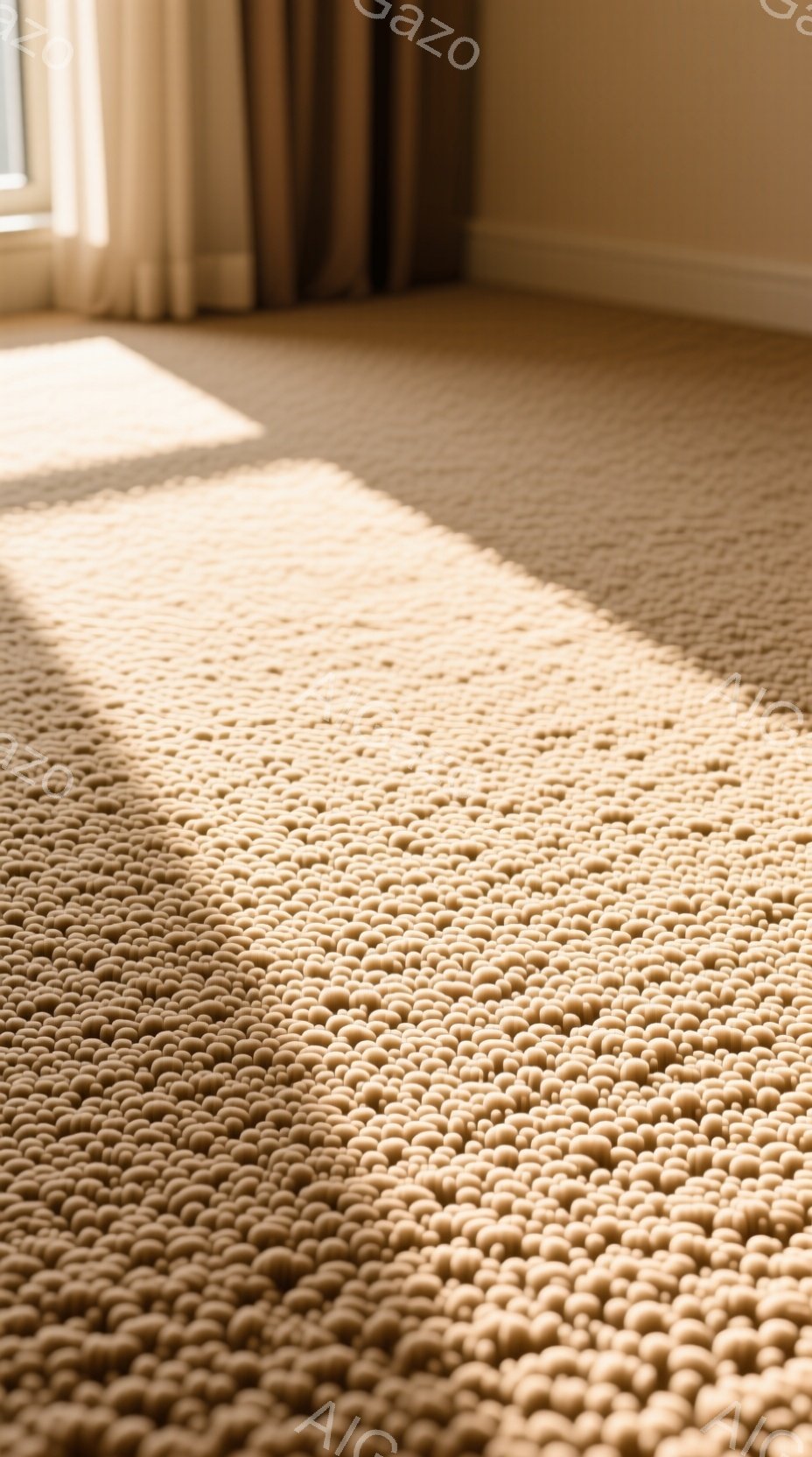 暖色系の起毛素材の床が広がり、窓から差し込む光によって、床のテクスチャが強調されている。奥には薄いカーテンが見え、部屋の静けさと温かさを感じさせる空間だ。全体的に穏やかで落ち着いた雰囲気であり、シンプルな美しさが際立っている。