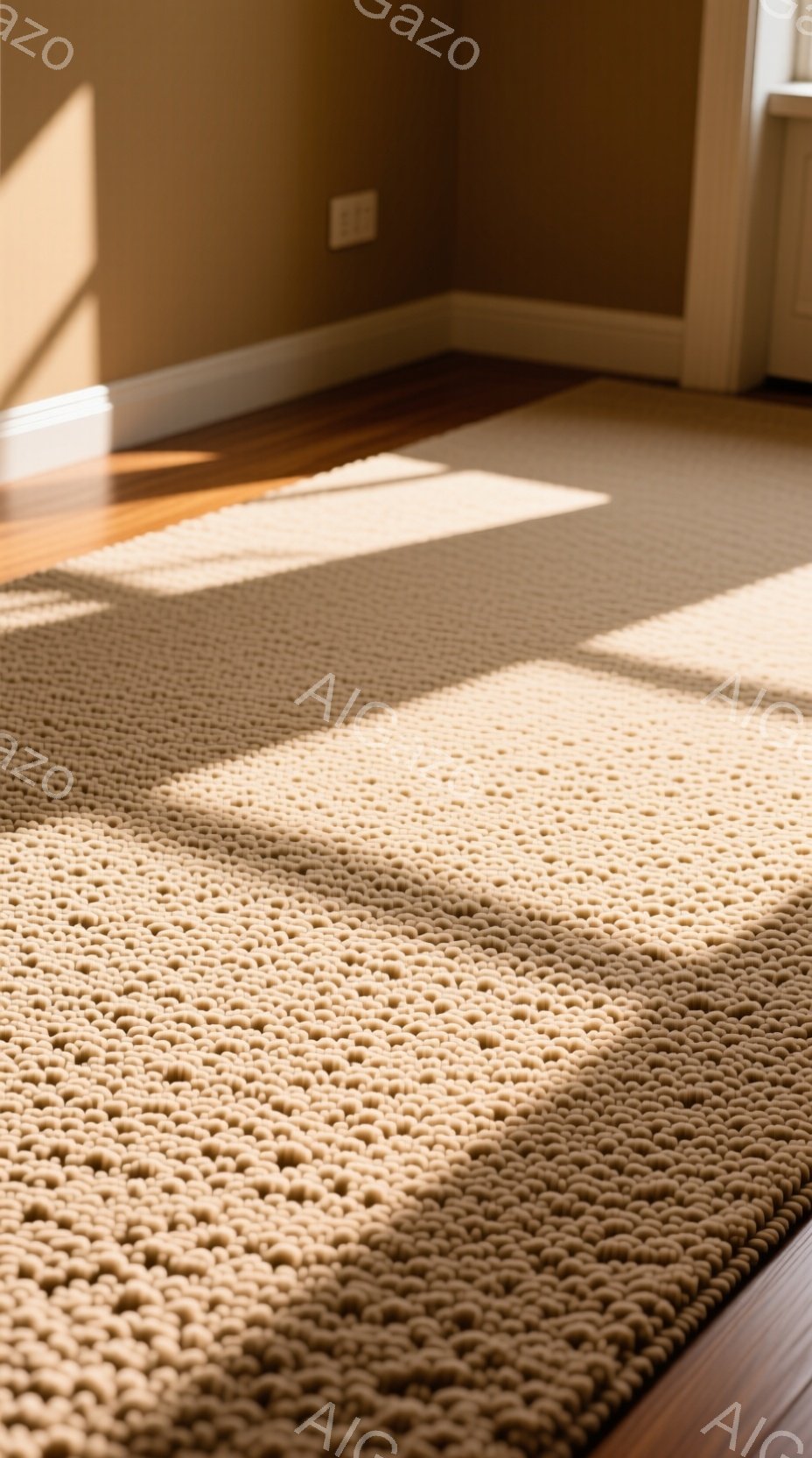 暖炉のそばの木製の床に敷かれた、ベージュ色のざっくりとした織りのラグが写っている。光がラグに差し込み、その質感と立体感を強調している。背景には壁の一部が見え、全体的に温かく落ち着いた雰囲気を醸し出している。