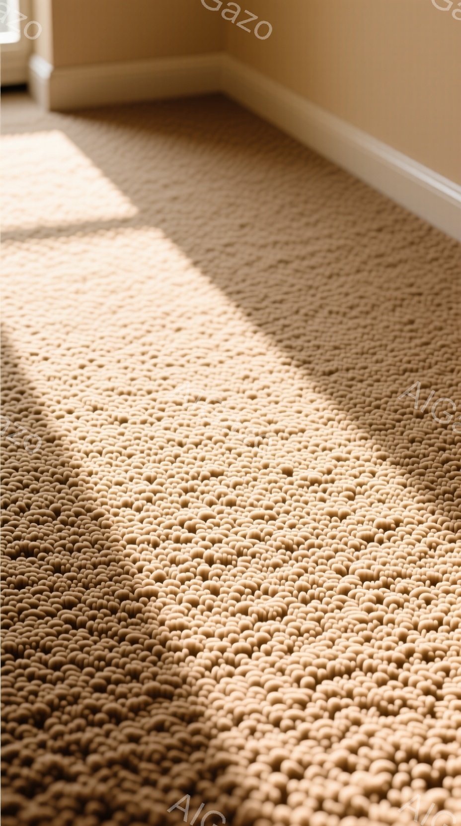 画像は明るいベージュ色のカーペットのクローズアップで、独特のドット状のテクスチャが特徴的です。右側には白い巾木が見え、床面には太陽光が差し込み、影が模様を作り出しています。全体的に、暖かく、シンプルな空間の雰囲気が伝わってきます。