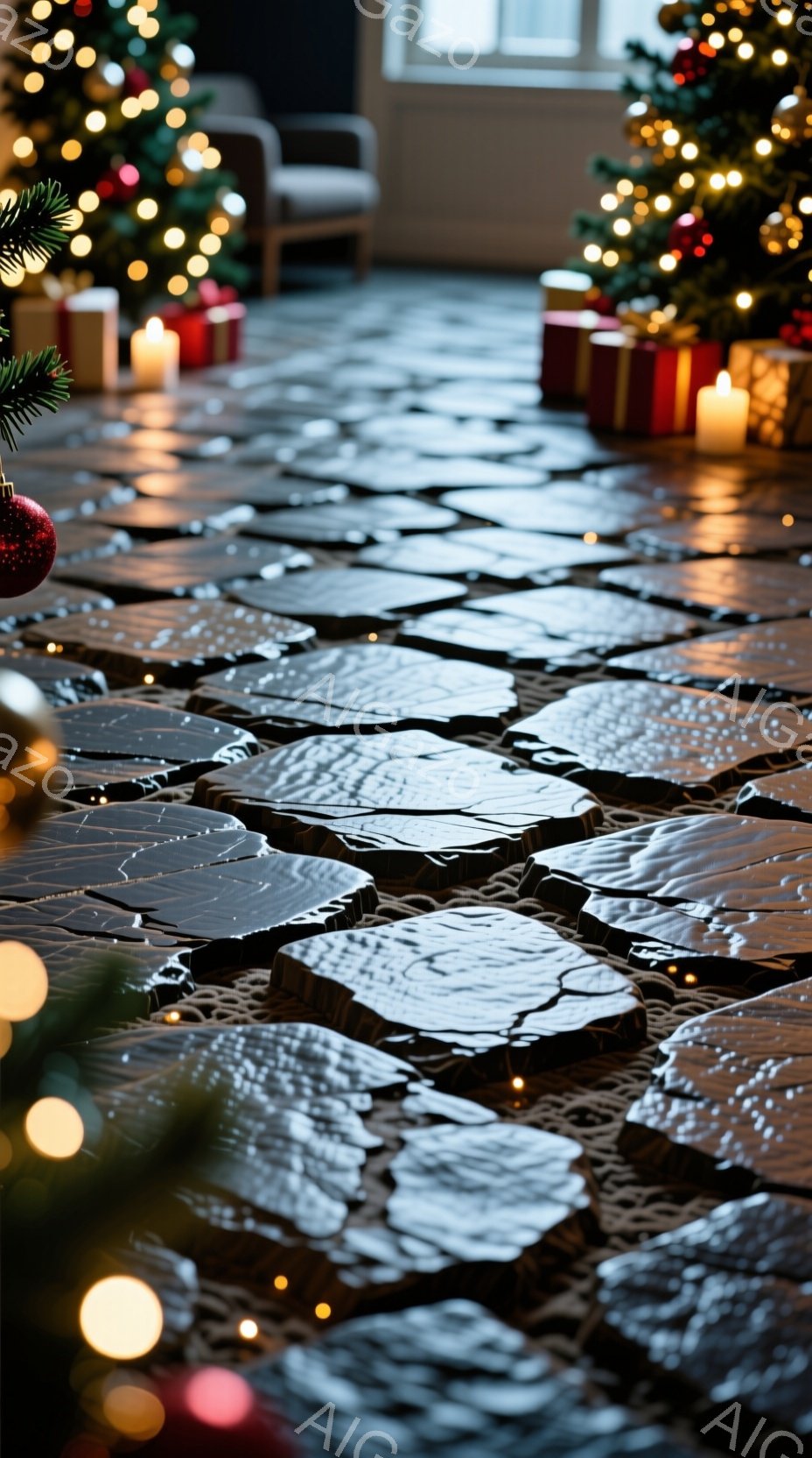 暖炉の前に敷かれたタイル状の床が焦点となっており、その表面にはろうそくやクリスマスツリーのぼんやりとした光が反射しています。背景には、クリスマスツリーやプレゼント、そして暖炉の柔らかな光が暖かく輝き、ホリデーシーズンらしい心地よい雰囲気を醸し出しています。全体的に、落ち着いた光とクリスマスの装飾が、穏やかで魅力的な冬の情景を描き出しています。