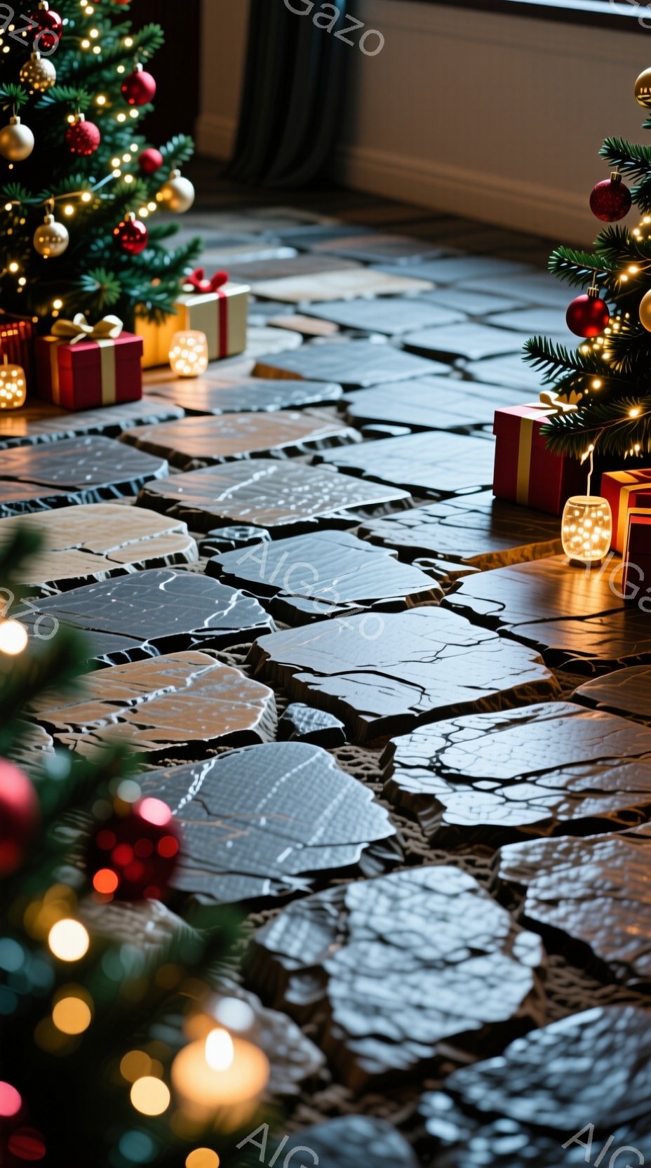 クリスマスツリーの足元に、割れた鏡のような床が広がっています。プレゼントボックスがいくつか置かれ、ぼんやりとした光が反射して幻想的な雰囲気を醸し出しています。全体的に落ち着いた色調で、クリスマスの静けさと神秘的なムードが感じられます。