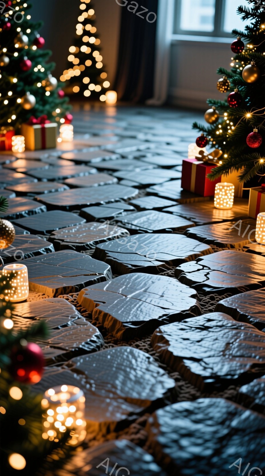 クリスマスツリーの足元にプレゼントが置かれ、床はひび割れ、まるで地震が起きた後のように見える、夜の室内が写っている。温かい光のイルミネーションが、ひび割れた床面とプレゼントを照らし出し、不安と静寂が混ざり合った雰囲気を醸し出している。全体的に、夢のような美しさと壊滅的な光景が共存する、不気味で魅力的な画像である。