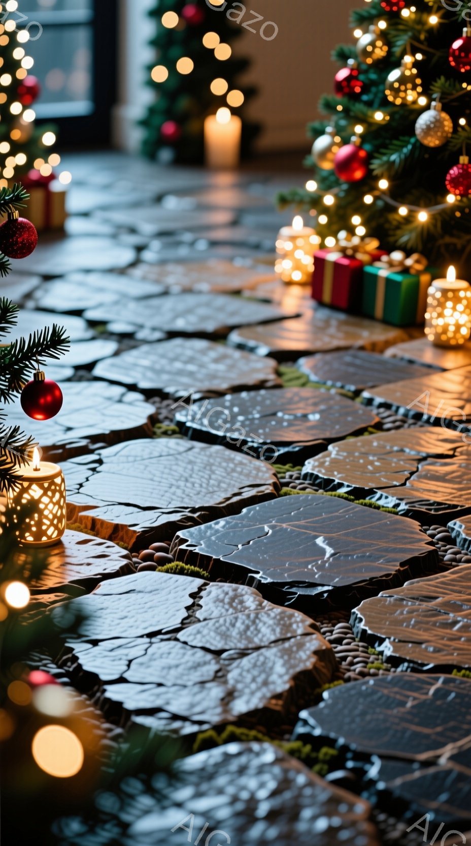 割れた氷の地面に、クリスマスの装飾が点在している様子が描かれている。ぼやけた背景には、緑のクリスマスツリーと、点滅する暖かい光が散りばめられており、お祝いの雰囲気を醸し出している。割れ目から覗く暗闇が、少し不気味ながらも神秘的な印象を与えている。