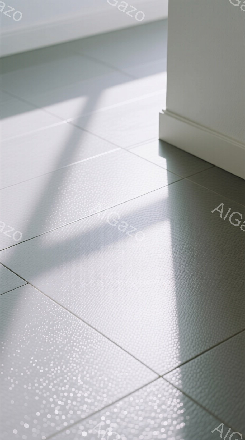 白いタイル張りの床に、壁からの影が幾何学的に落ちている様子が捉えられている。タイルの質感は少し粗く、光の当たり方によって微妙な凹凸が強調されている。全体的に清潔感があり、ミニマルで静謐な雰囲気が漂っている。