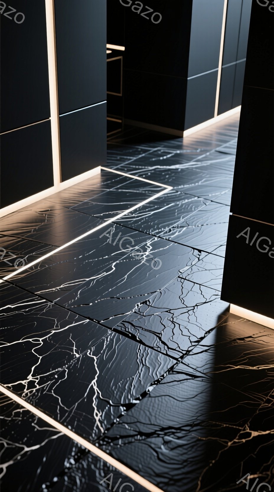 漆黒の床面が印象的な画像で、白い線状の模様が複雑に絡み合い、まるでひび割れた氷のようにも見える。床の周りを淡い光が縁取り、未来的な空間を演出し、全体的に静かで神秘的な雰囲気を醸し出している。光の反射により、床面は鏡のように輝き、奥行きを感じさせる。
