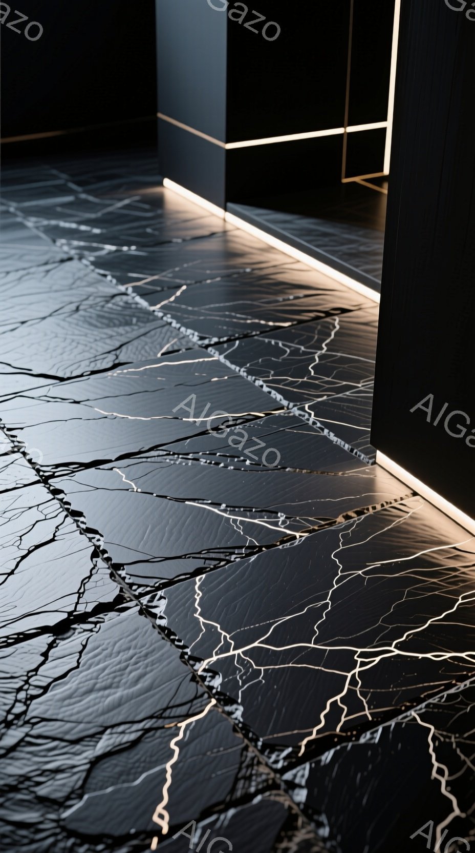 漆黒の床面には、まるで雷が走ったかのような白い線が複雑に入り組んでいます。床の端に沿って、明るい光の帯が走り、そのコントラストがドラマチックな雰囲気を醸し出しています。全体的にミニマルでモダンな印象であり、床面の模様が視線を強く惹きつけます。