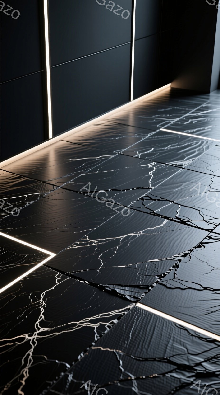 割れた黒い表面が、まるで氷の割れ目のような模様を呈している。白く光るラインライトが、割れ目のパターンを際立たせ、未来的でドラマチックな空間を演出している。床面は黒く、光のコントラストによって、奥行きと立体感が生まれている。