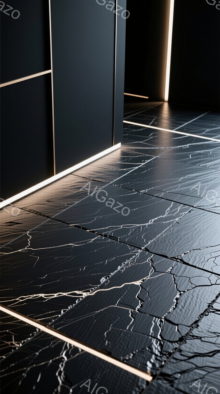 漆黒の床面が広がり、白く光る細いラインが複雑な模様を描いている。床はまるで割れた氷のようにひび割れ、その反射によって周囲の空間がぼんやりと映り出されている。全体的にミニマルで現代的な雰囲気が漂い、静寂と緊張感が混ざり合った空間を表現している。