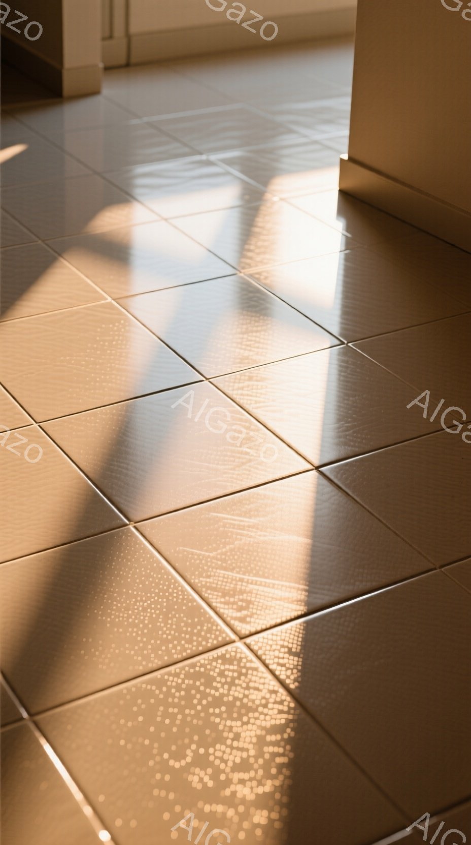 薄茶色のタイルが敷かれた床面を捉えた写真です。壁や家具からの影がタイル上に落ち込み、光と影のコントラストが印象的です。全体的に暖かく落ち着いた雰囲気で、静寂の中に柔らかな光が差し込んでいる様子が伺えます。